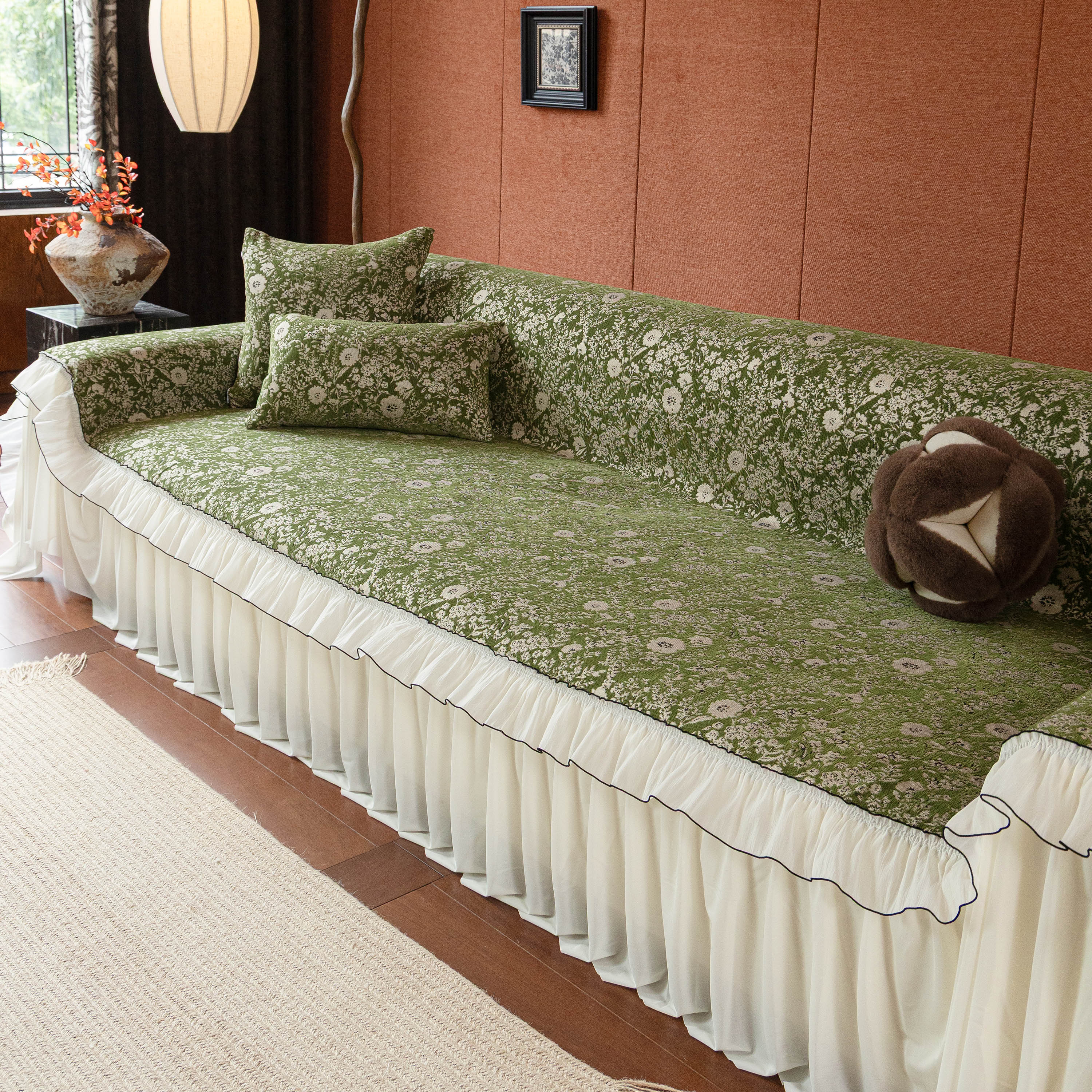 French Country Floral Sofa Cover with Chiffon Ruffle Skirt, Vintage Sofa Throw Cover - Image 42