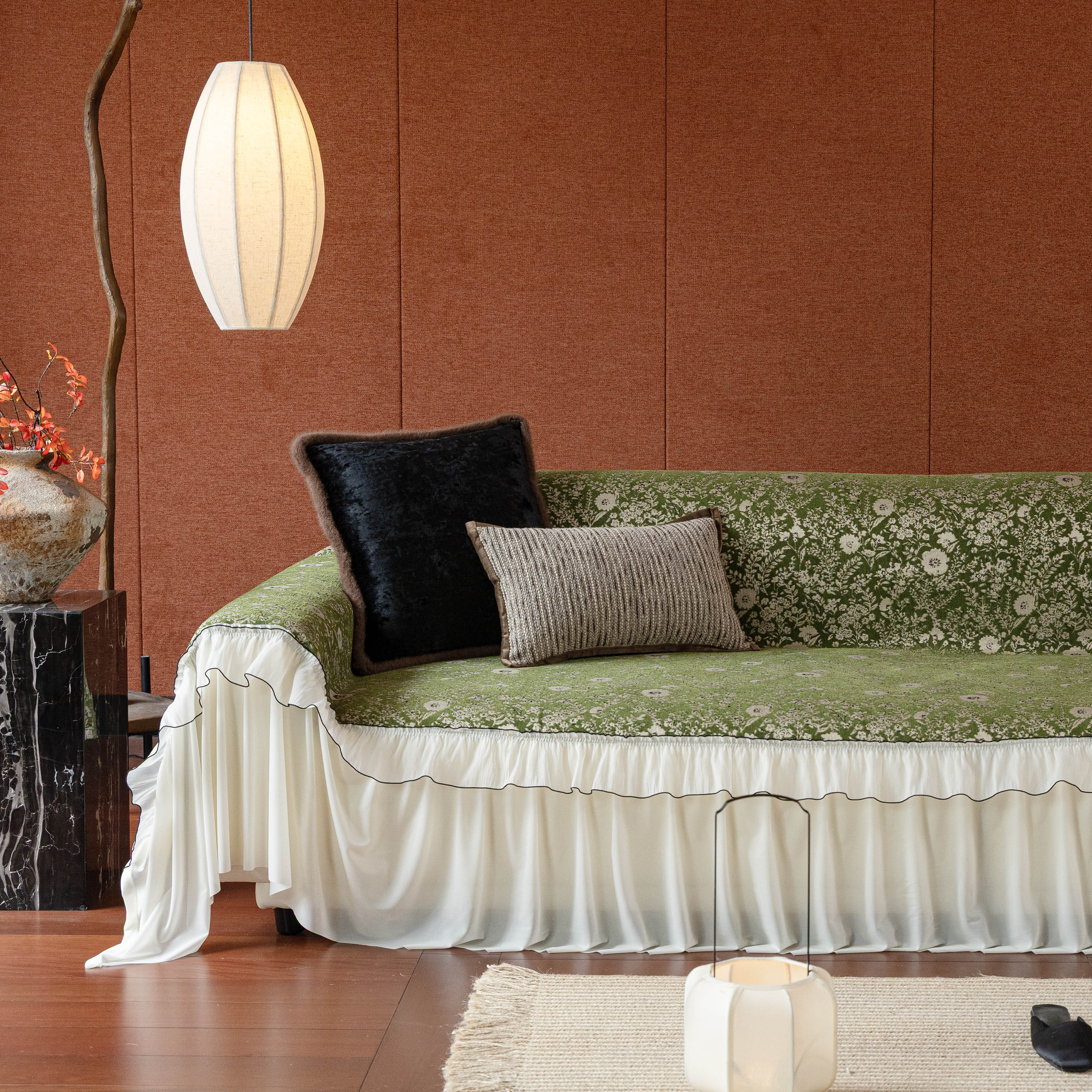 French Country Floral Sofa Cover with Chiffon Ruffle Skirt, Vintage Sofa Throw Cover - Image 43
