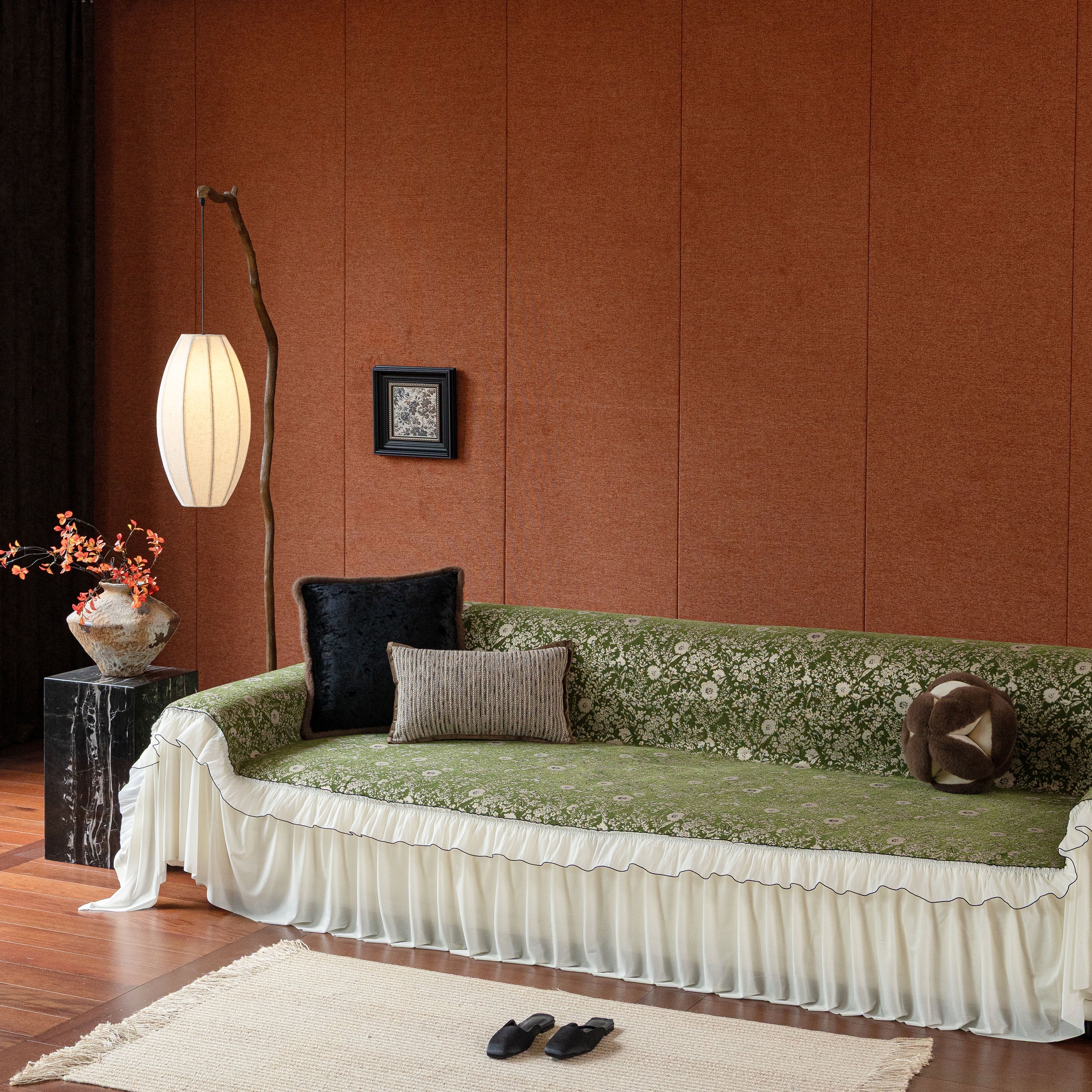 French Country Floral Sofa Cover with Chiffon Ruffle Skirt, Vintage Sofa Throw Cover - Image 44