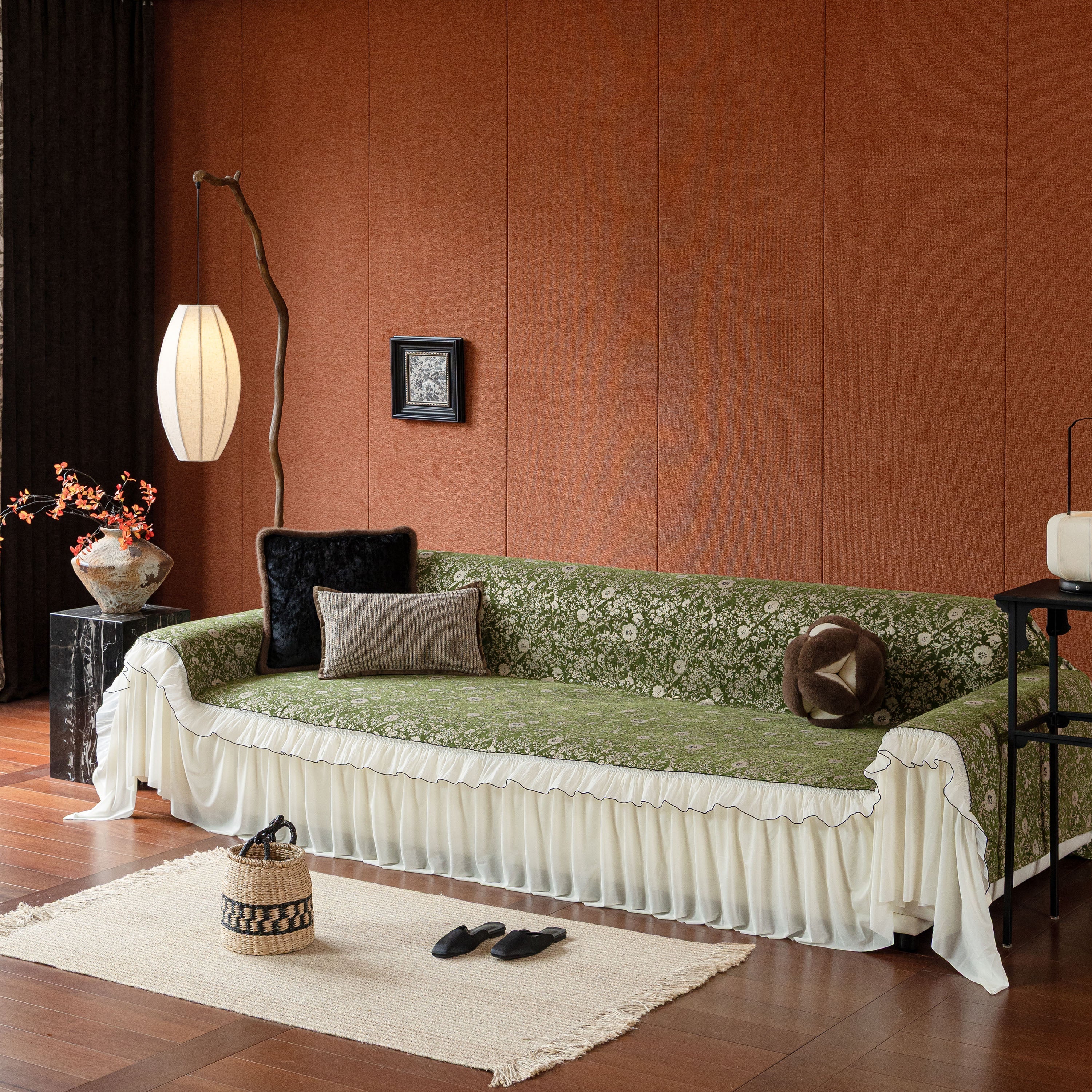 French Country Floral Sofa Cover with Chiffon Ruffle Skirt, Vintage Sofa Throw Cover - Image 47