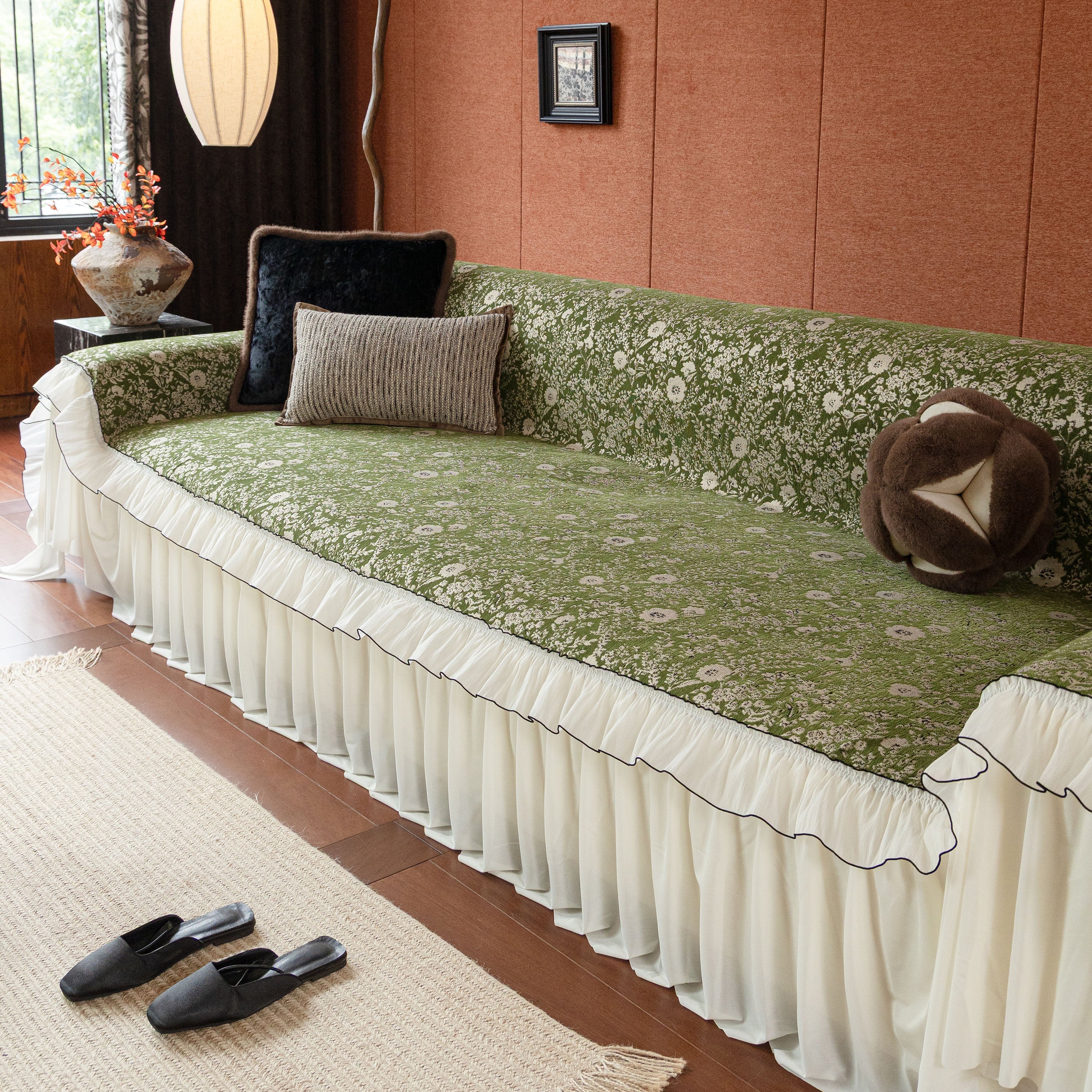 French Country Floral Sofa Cover with Chiffon Ruffle Skirt, Vintage Sofa Throw Cover - Image 48