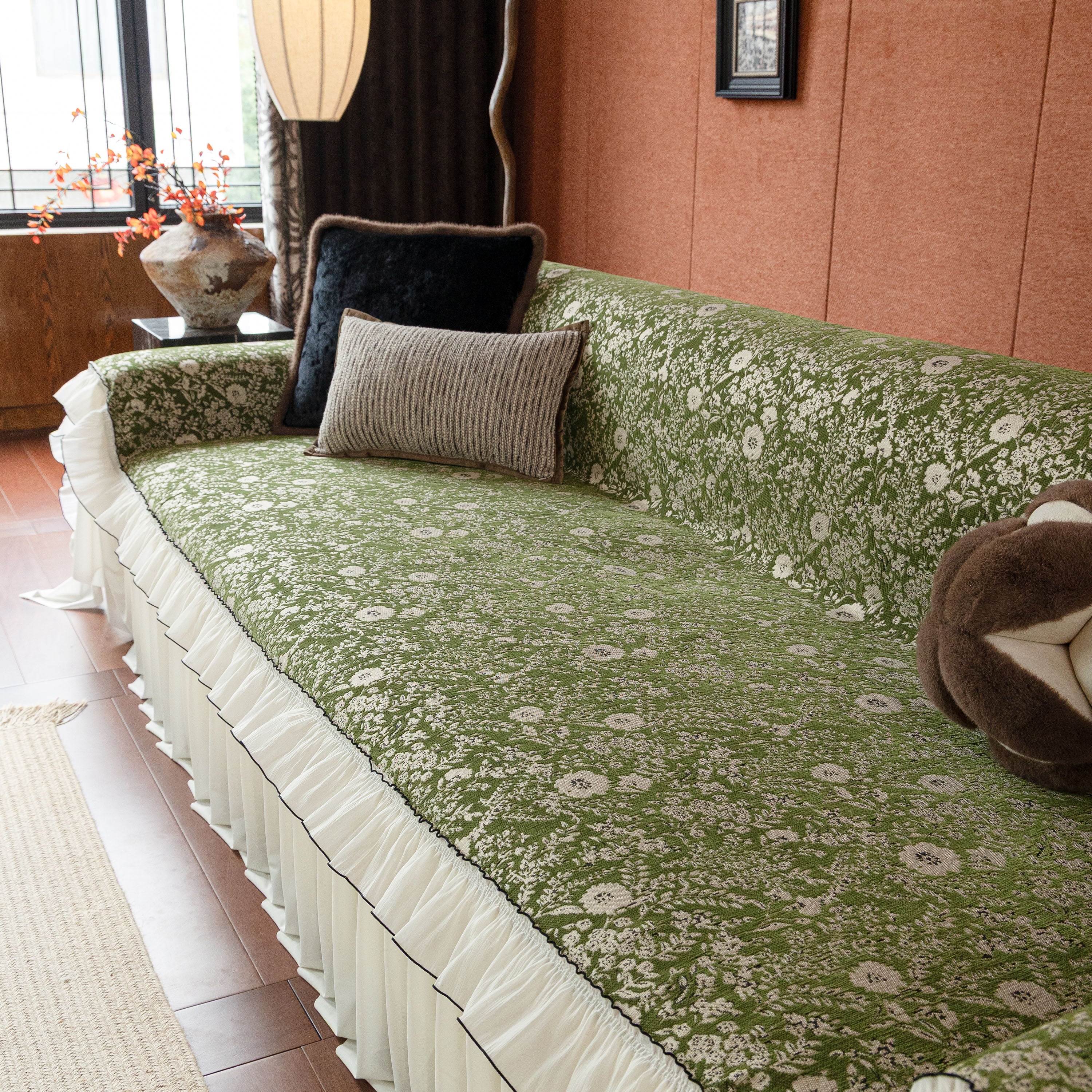 French Country Floral Sofa Cover with Chiffon Ruffle Skirt, Vintage Sofa Throw Cover - Image 49