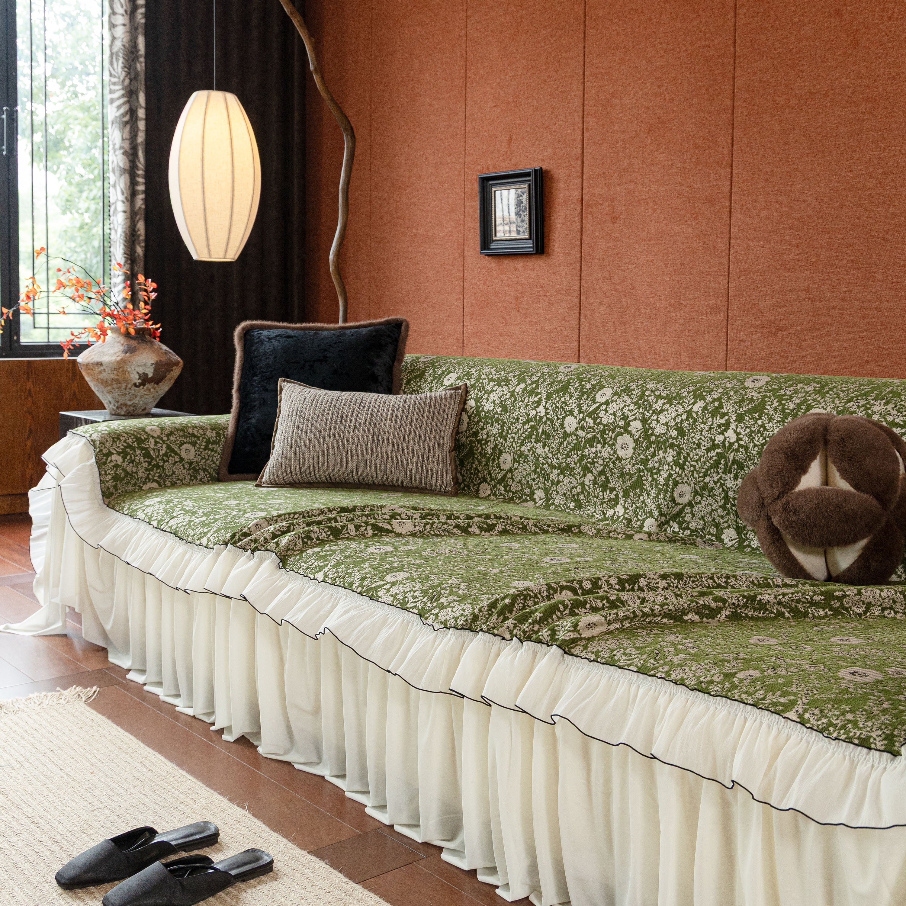 French Country Floral Sofa Cover with Chiffon Ruffle Skirt, Vintage Sofa Throw Cover - Image 56