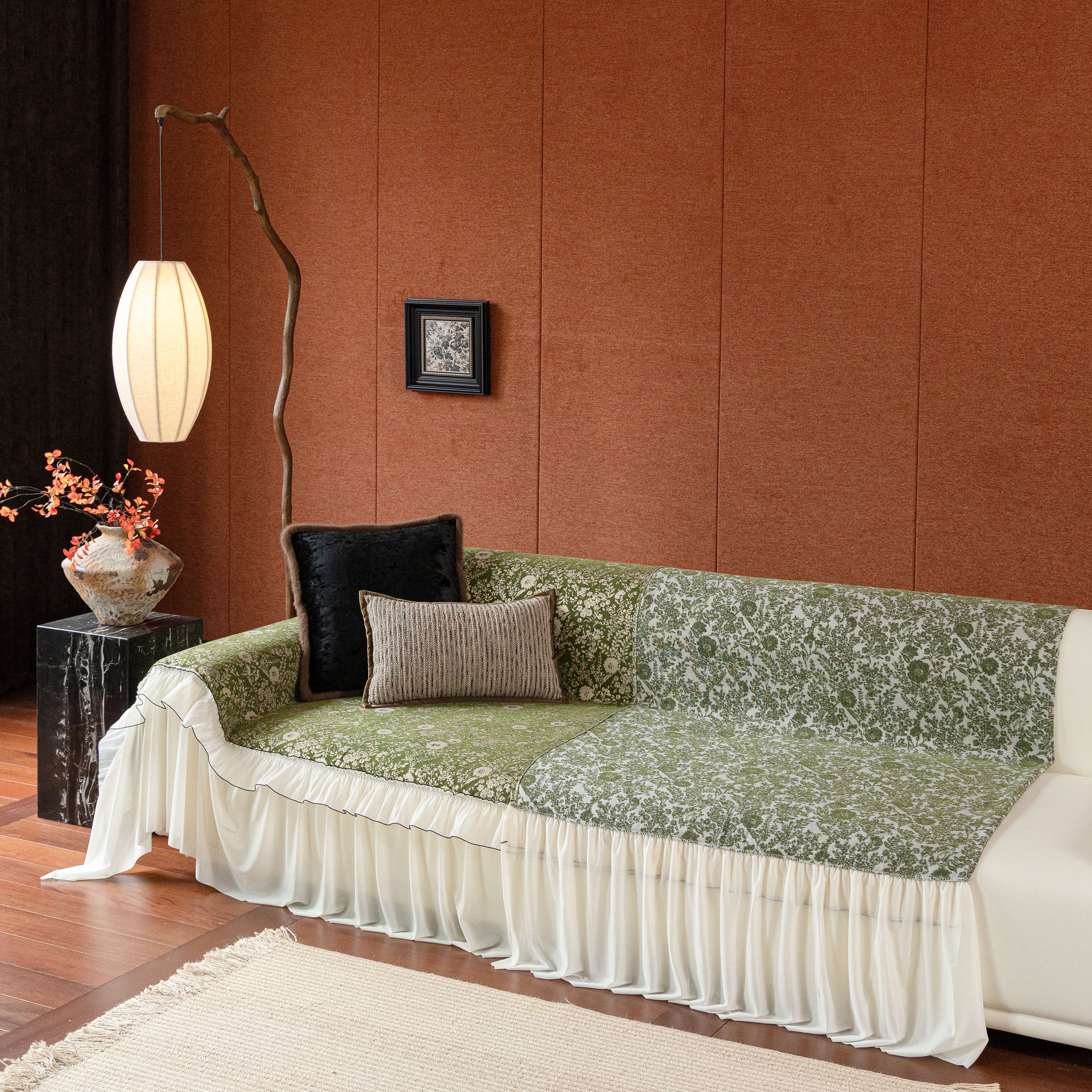 French Country Floral Sofa Cover with Chiffon Ruffle Skirt, Vintage Sofa Throw Cover - Image 57