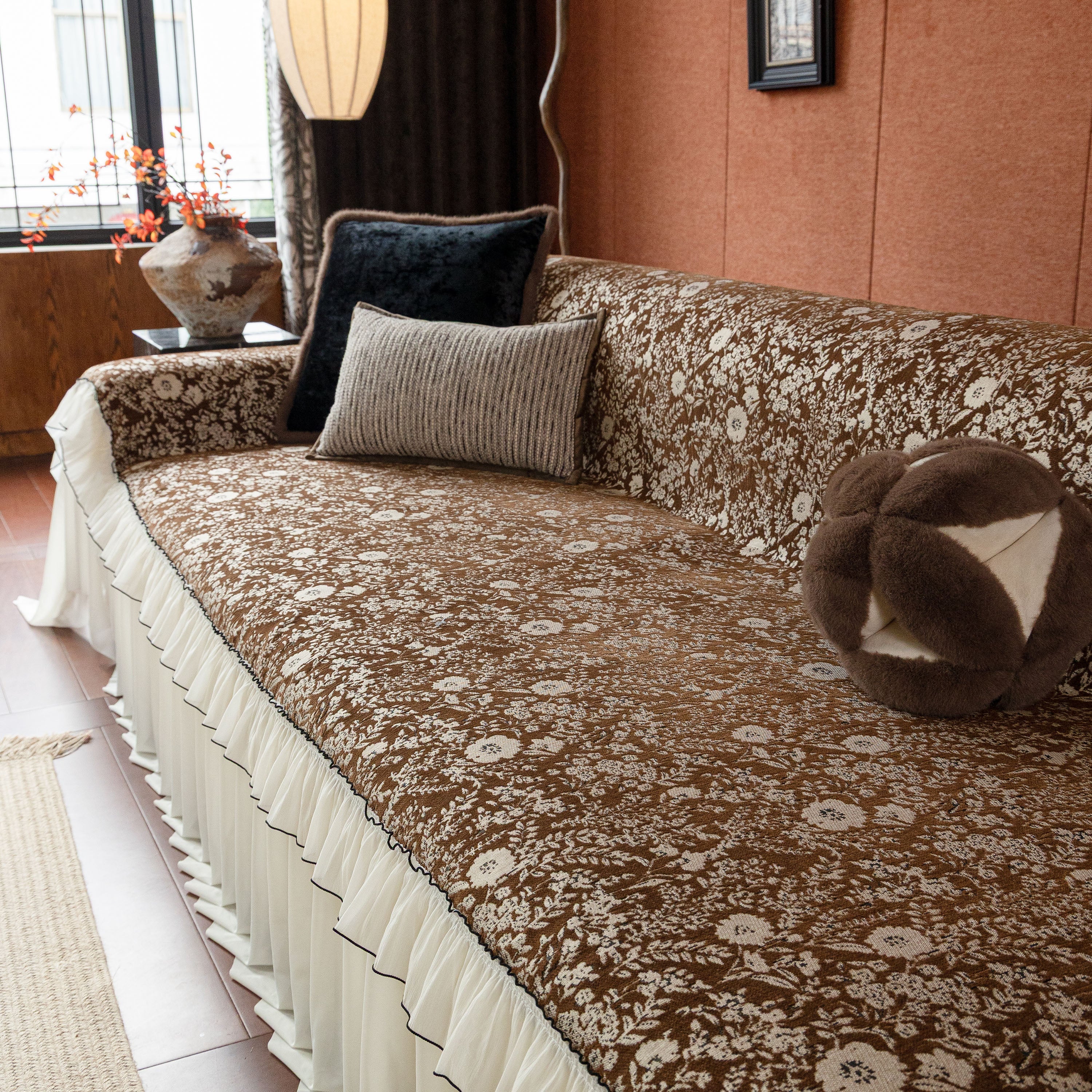 French Country Floral Sofa Cover with Chiffon Ruffle Skirt, Vintage Sofa Throw Cover - Image 6