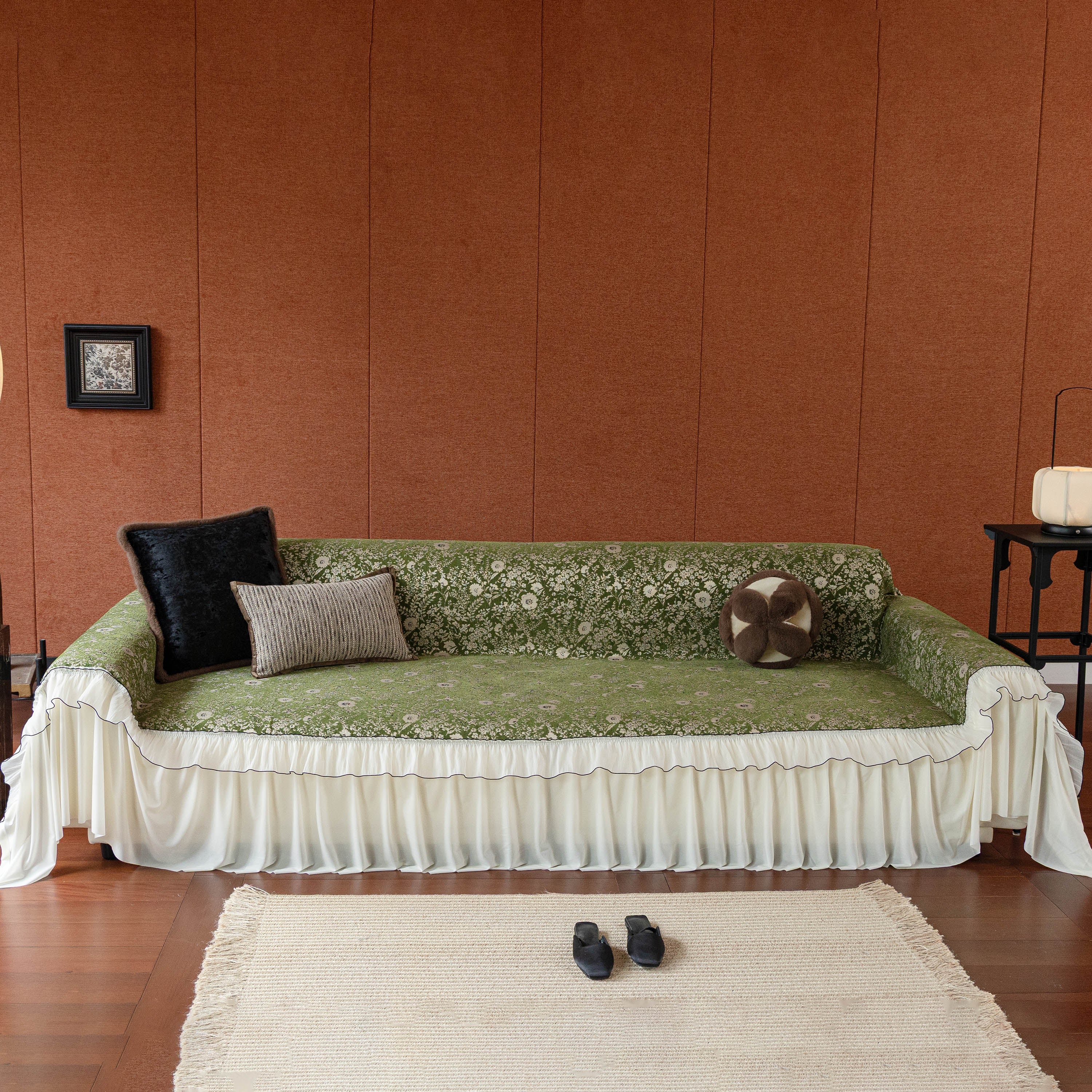 French Country Floral Sofa Cover with Chiffon Ruffle Skirt, Vintage Sofa Throw Cover - Image 60