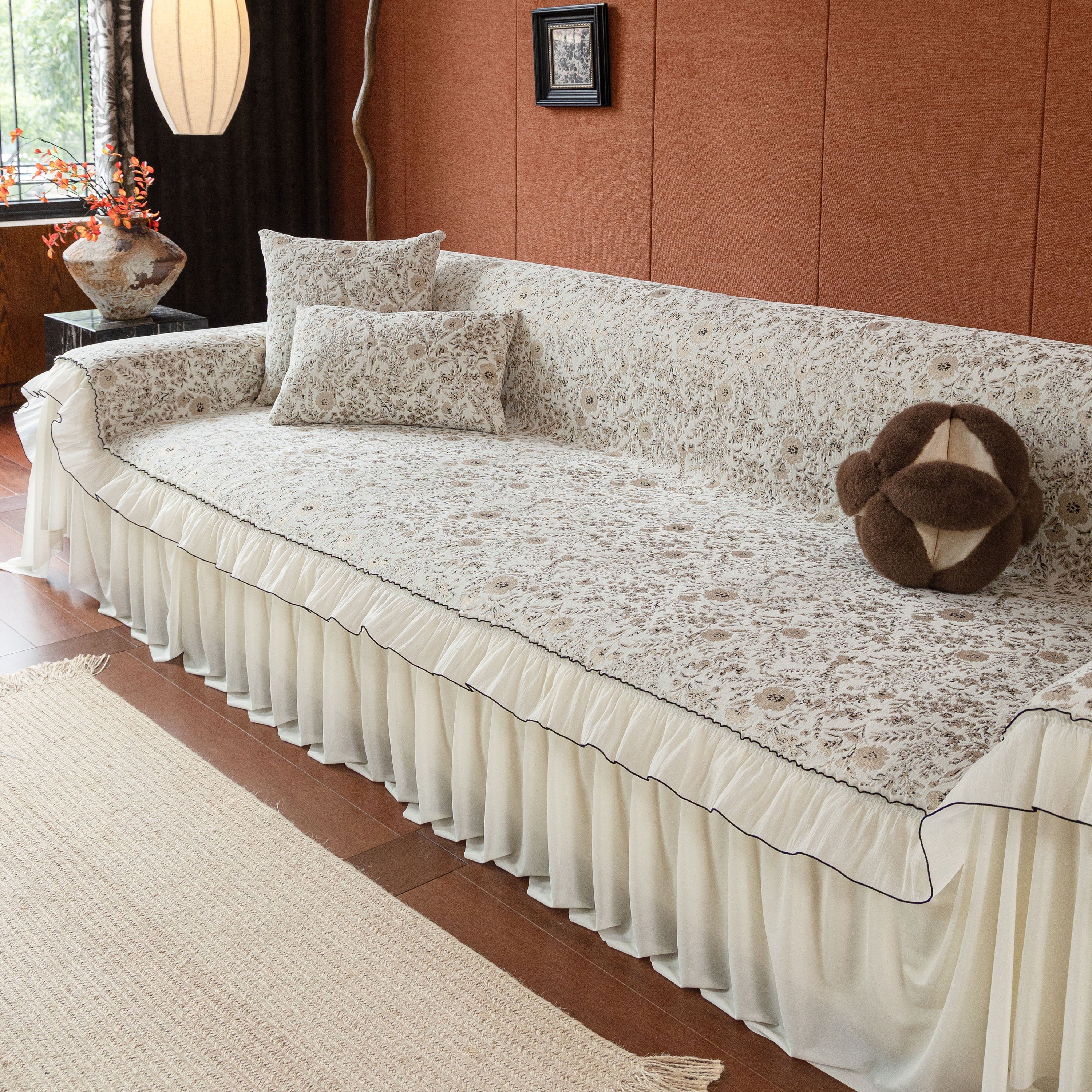 French Country Floral Sofa Cover with Chiffon Ruffle Skirt, Vintage Sofa Throw Cover - Image 61