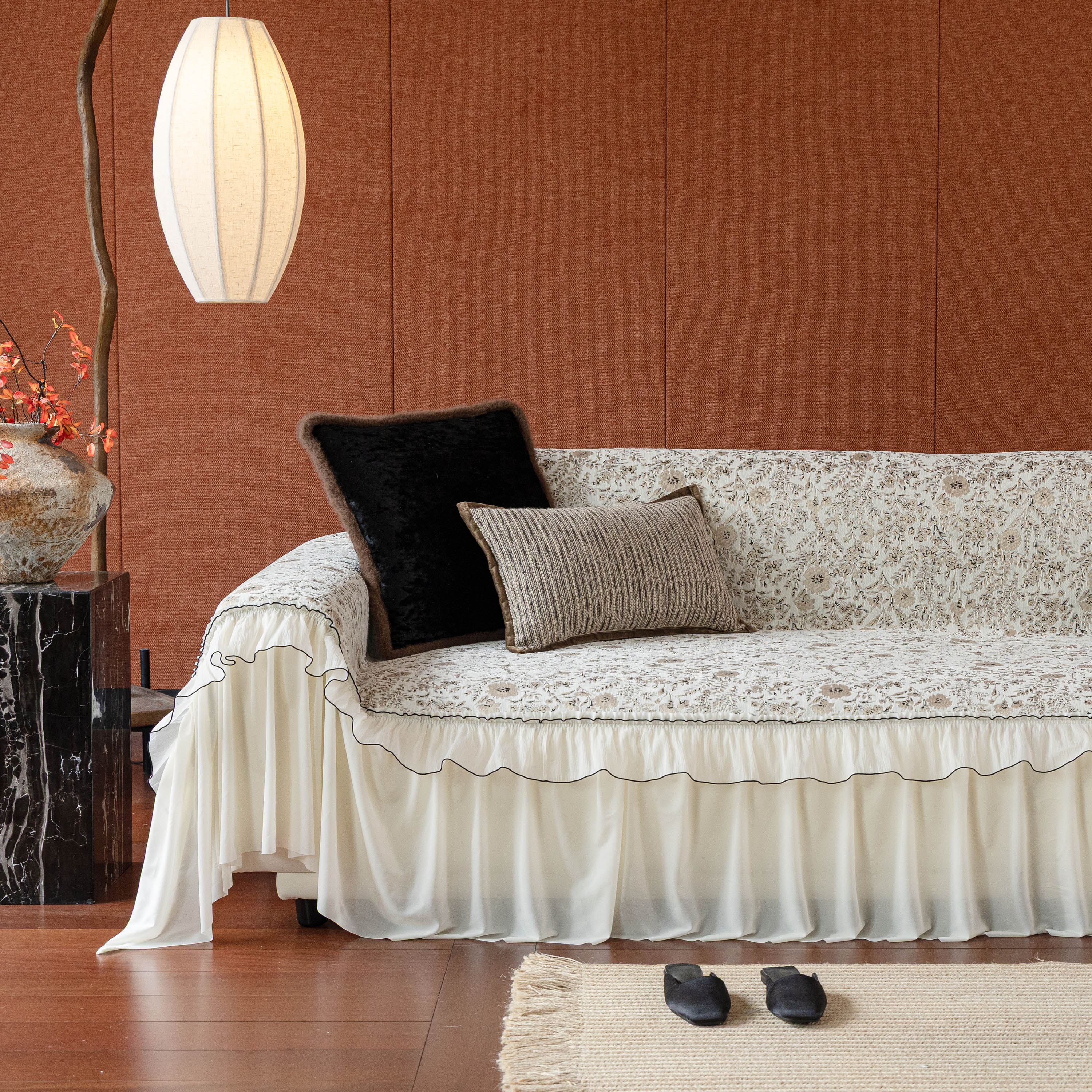 French Country Floral Sofa Cover with Chiffon Ruffle Skirt, Vintage Sofa Throw Cover - Image 62