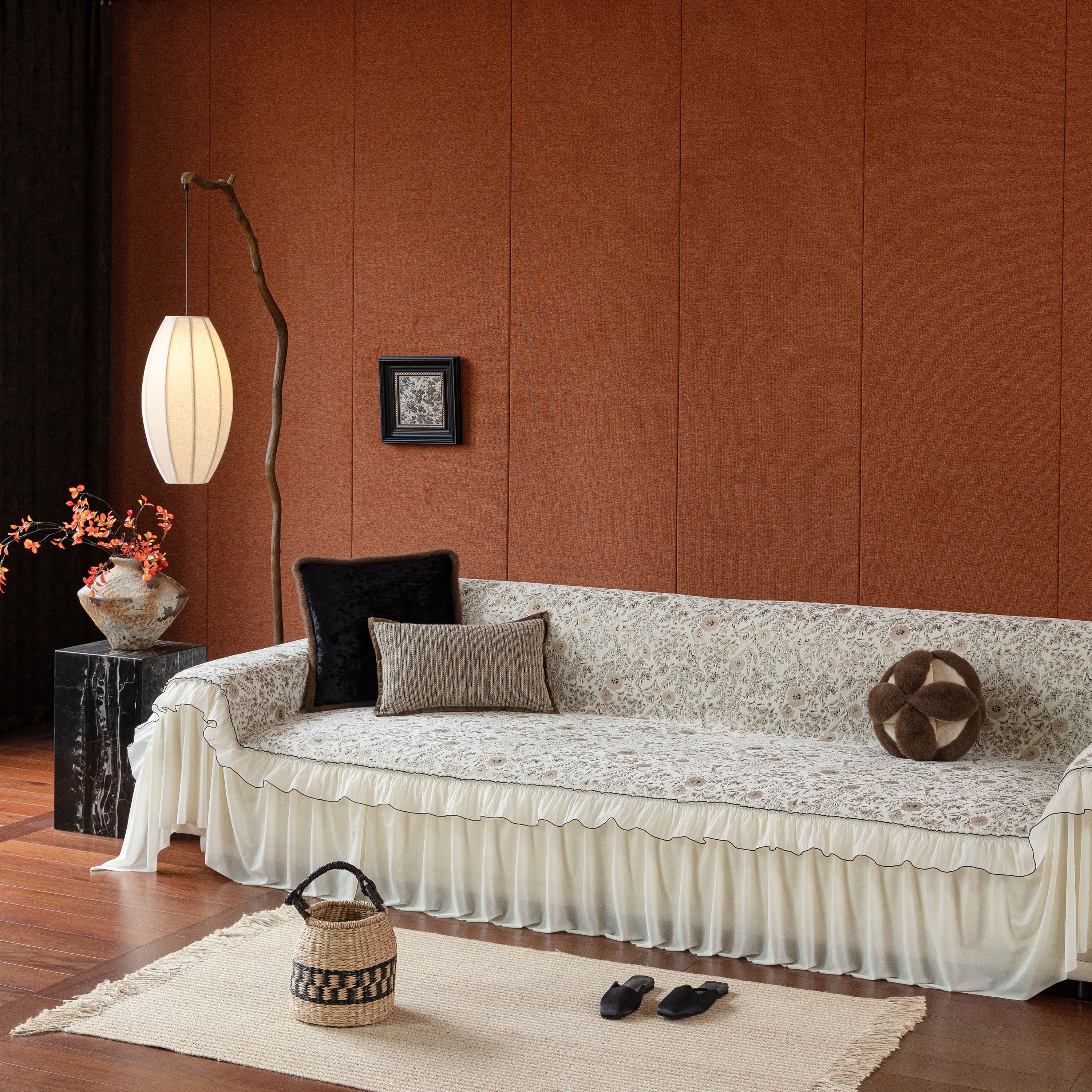 French Country Floral Sofa Cover with Chiffon Ruffle Skirt, Vintage Sofa Throw Cover - Image 63