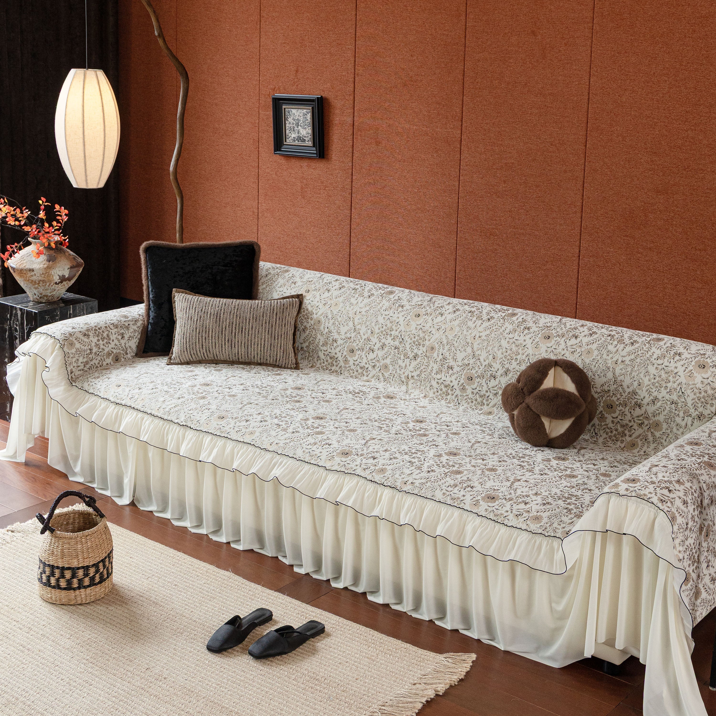 French Country Floral Sofa Cover with Chiffon Ruffle Skirt, Vintage Sofa Throw Cover - Image 65