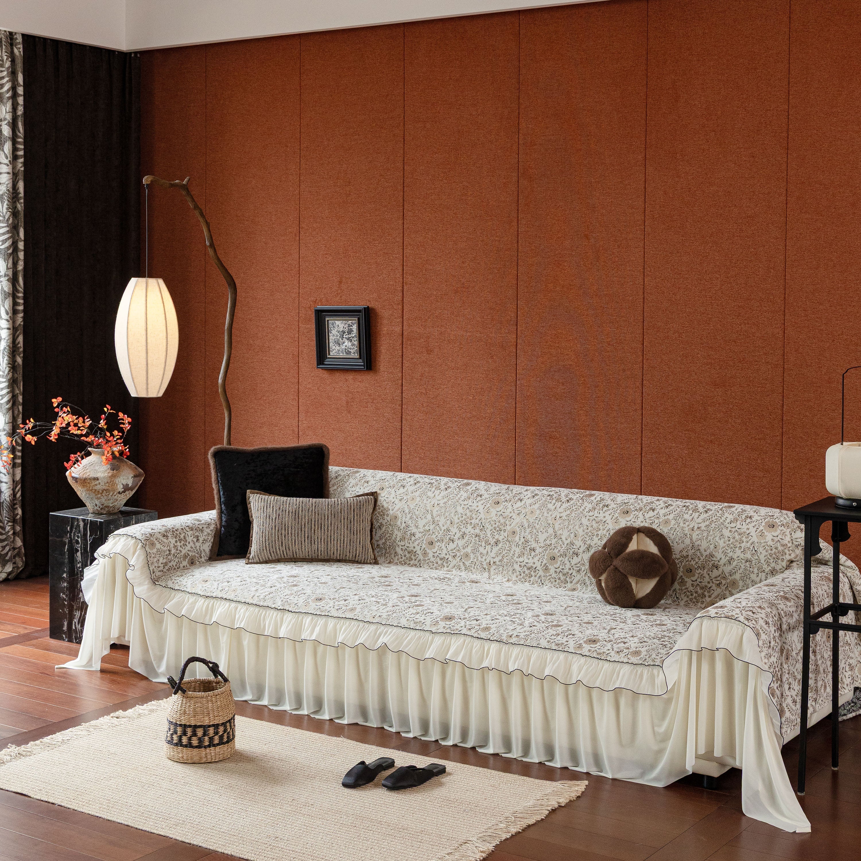 French Country Floral Sofa Cover with Chiffon Ruffle Skirt, Vintage Sofa Throw Cover - Image 66