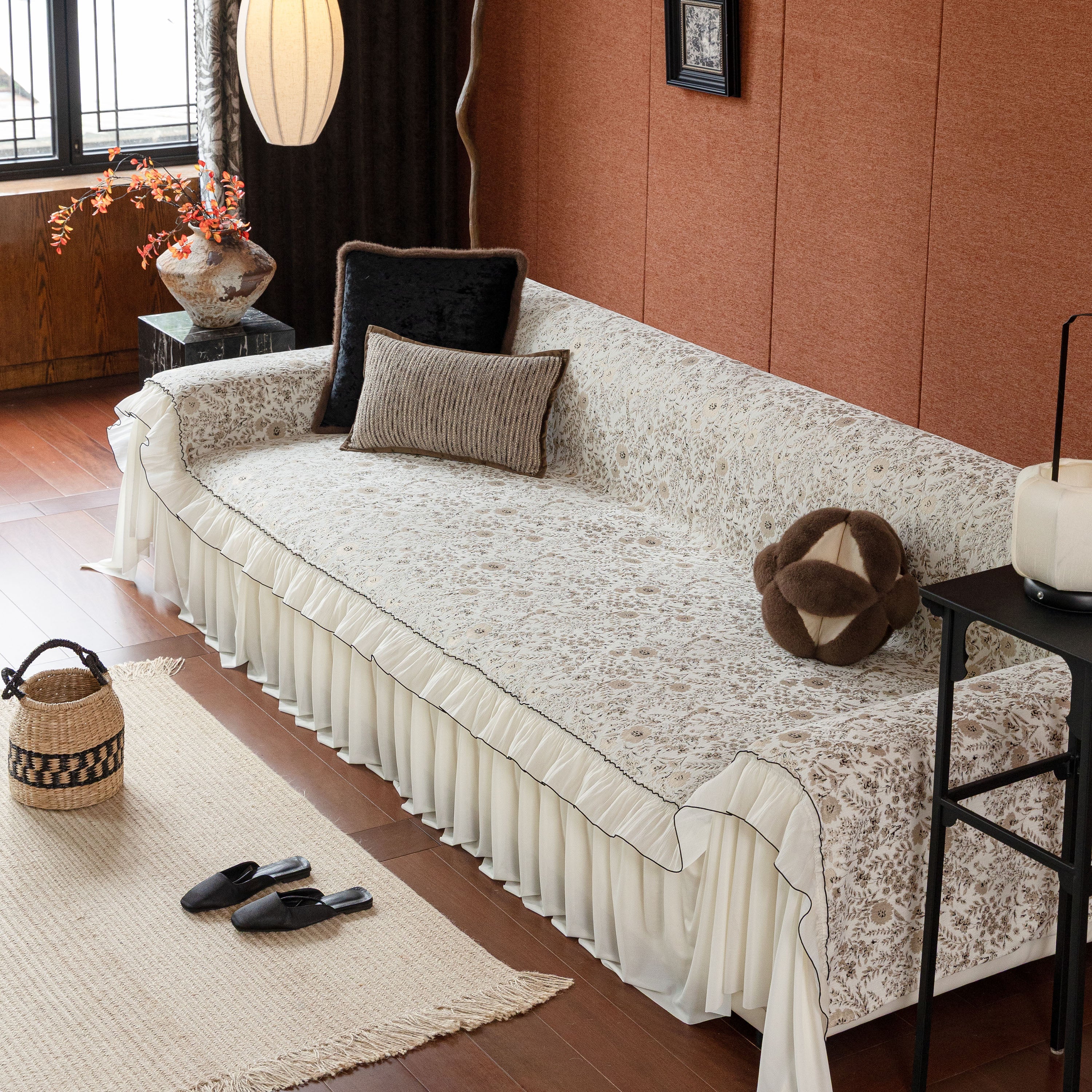 French Country Floral Sofa Cover with Chiffon Ruffle Skirt, Vintage Sofa Throw Cover - Image 67