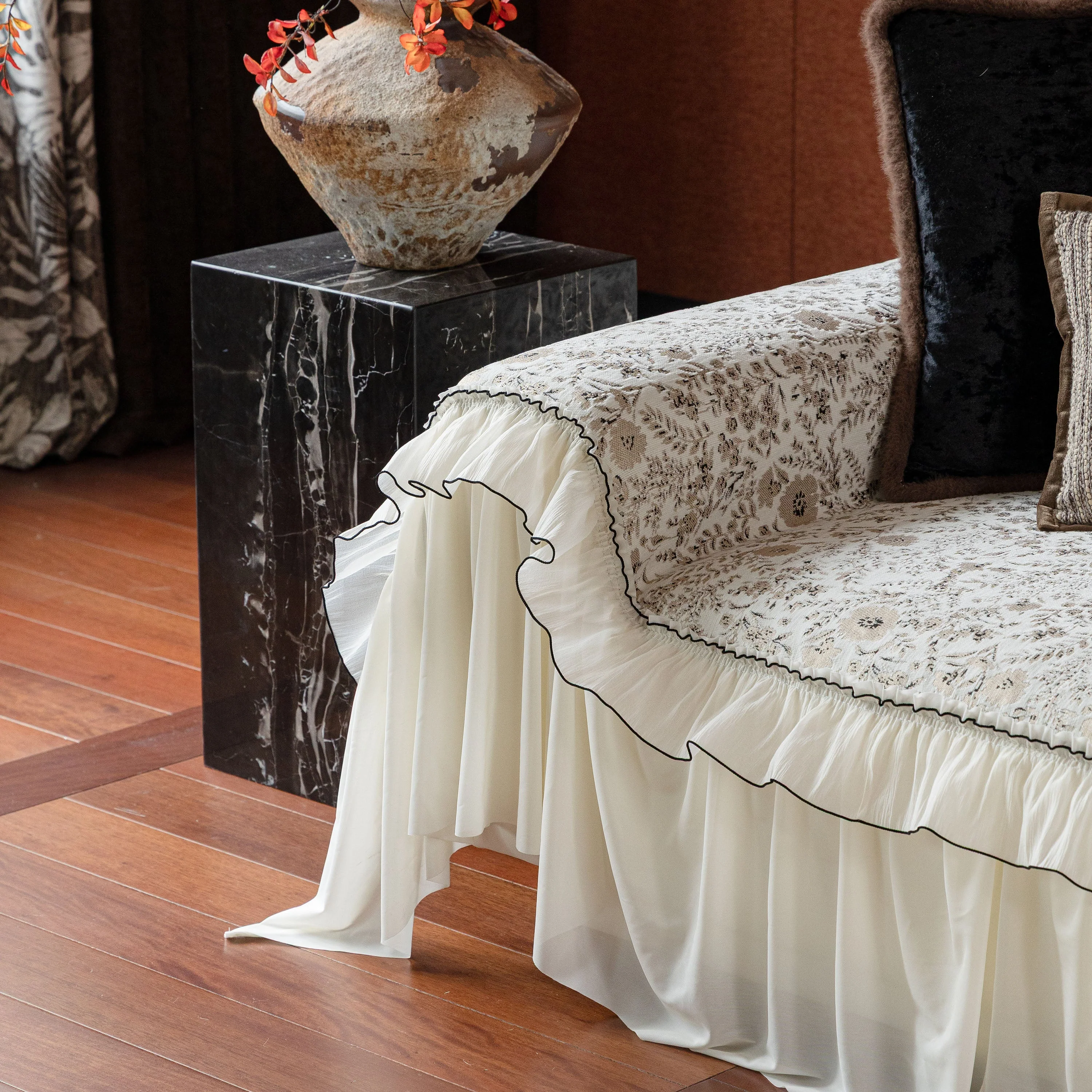 French Country Floral Sofa Cover with Chiffon Ruffle Skirt, Vintage Sofa Throw Cover - Image 71