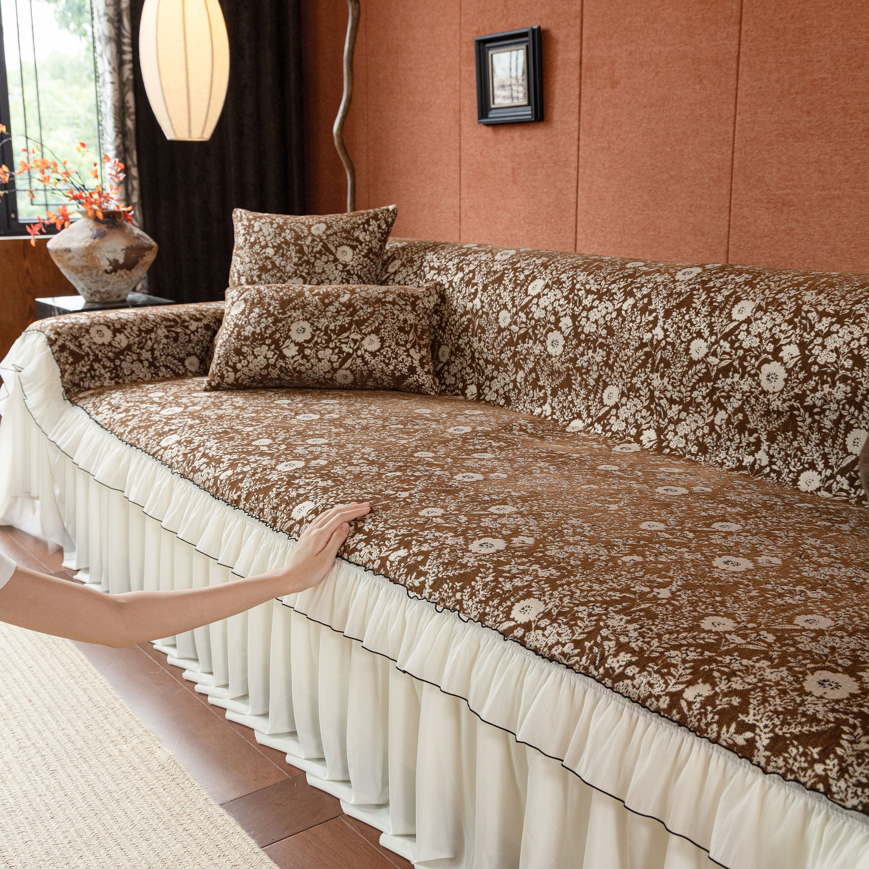 French Country Floral Sofa Cover with Chiffon Ruffle Skirt, Vintage Sofa Throw Cover - Image 8