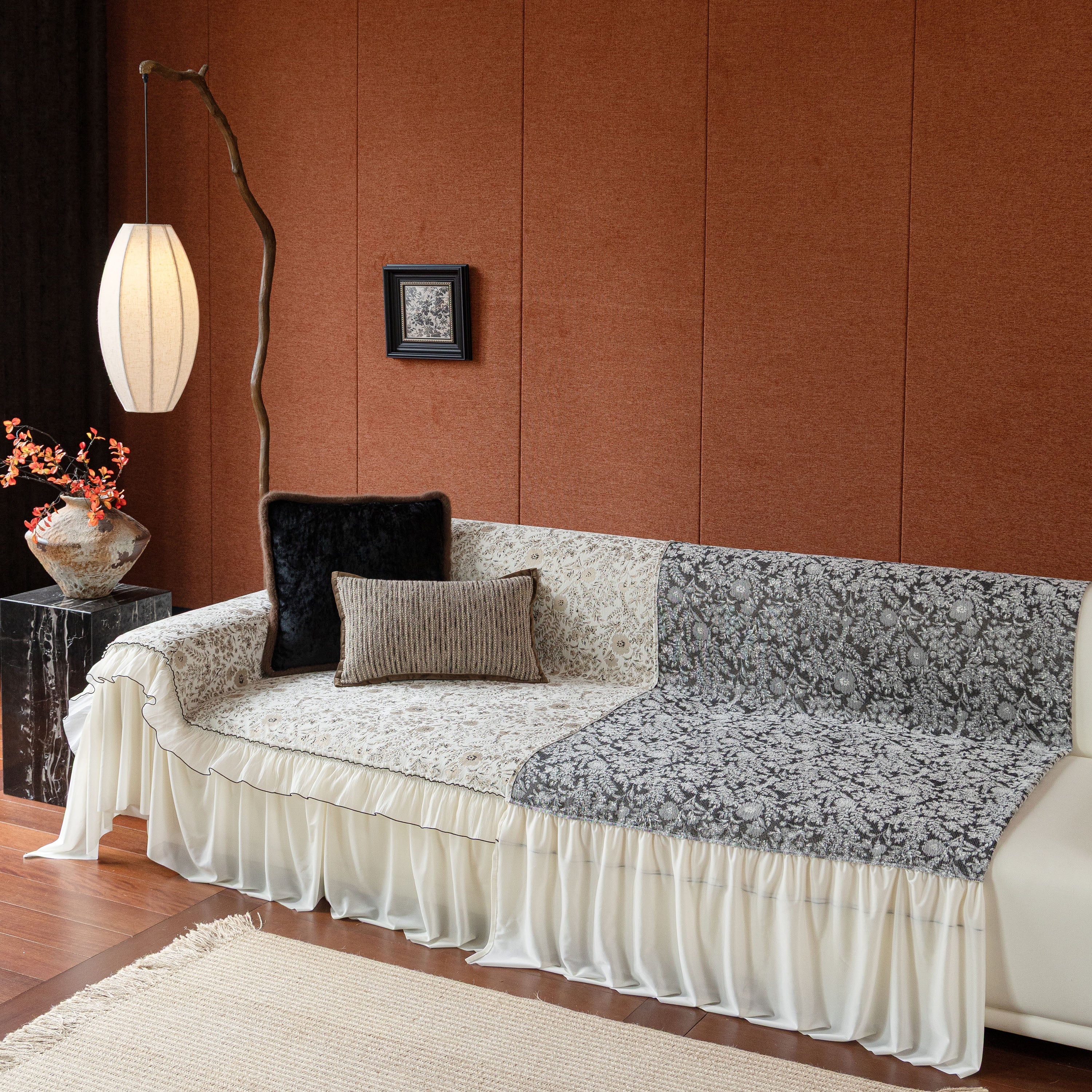 French Country Floral Sofa Cover with Chiffon Ruffle Skirt, Vintage Sofa Throw Cover - Image 80