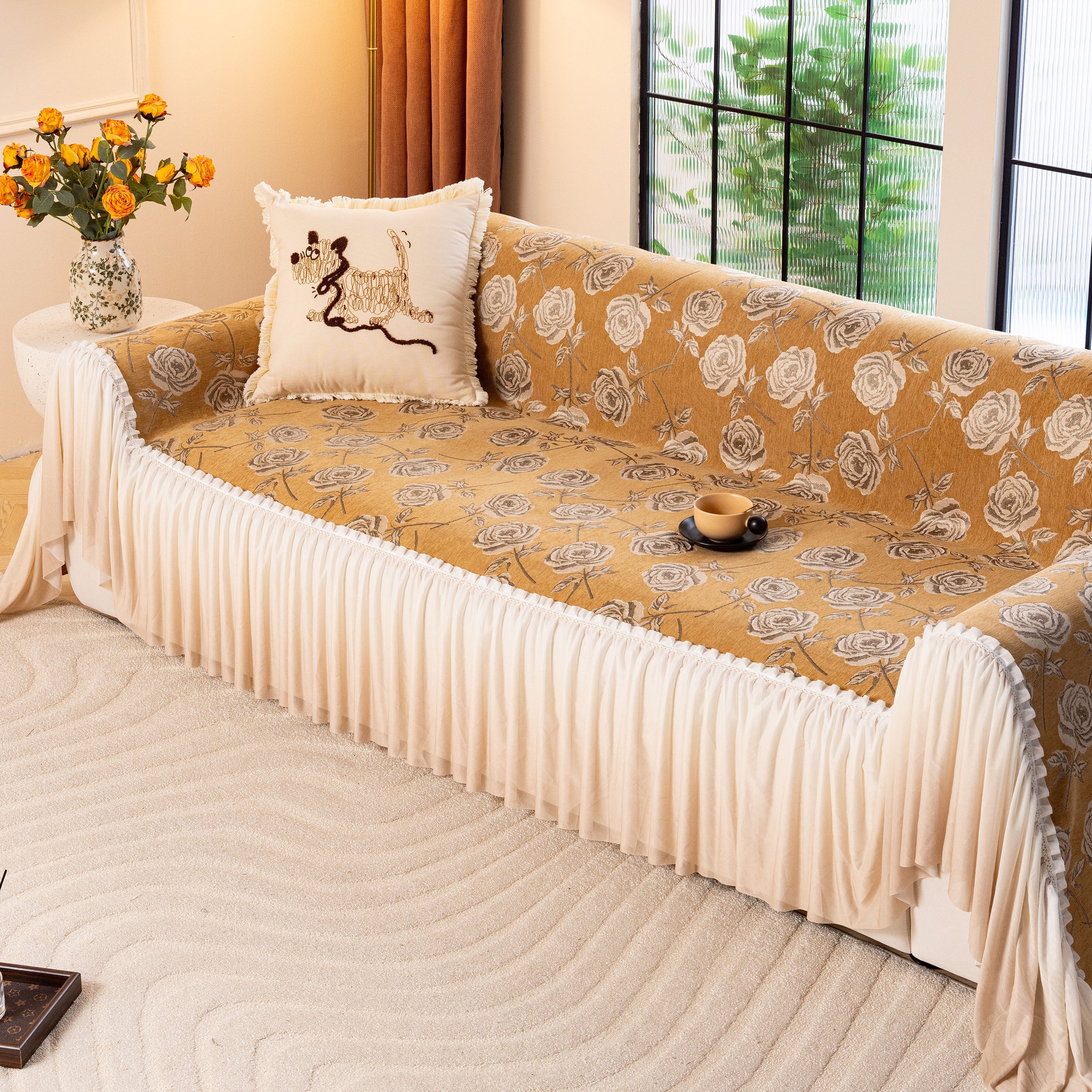 French Country Floral Sofa Cover with Ruffled Skirt, Farmhouse Decor for Living Room - Image 14