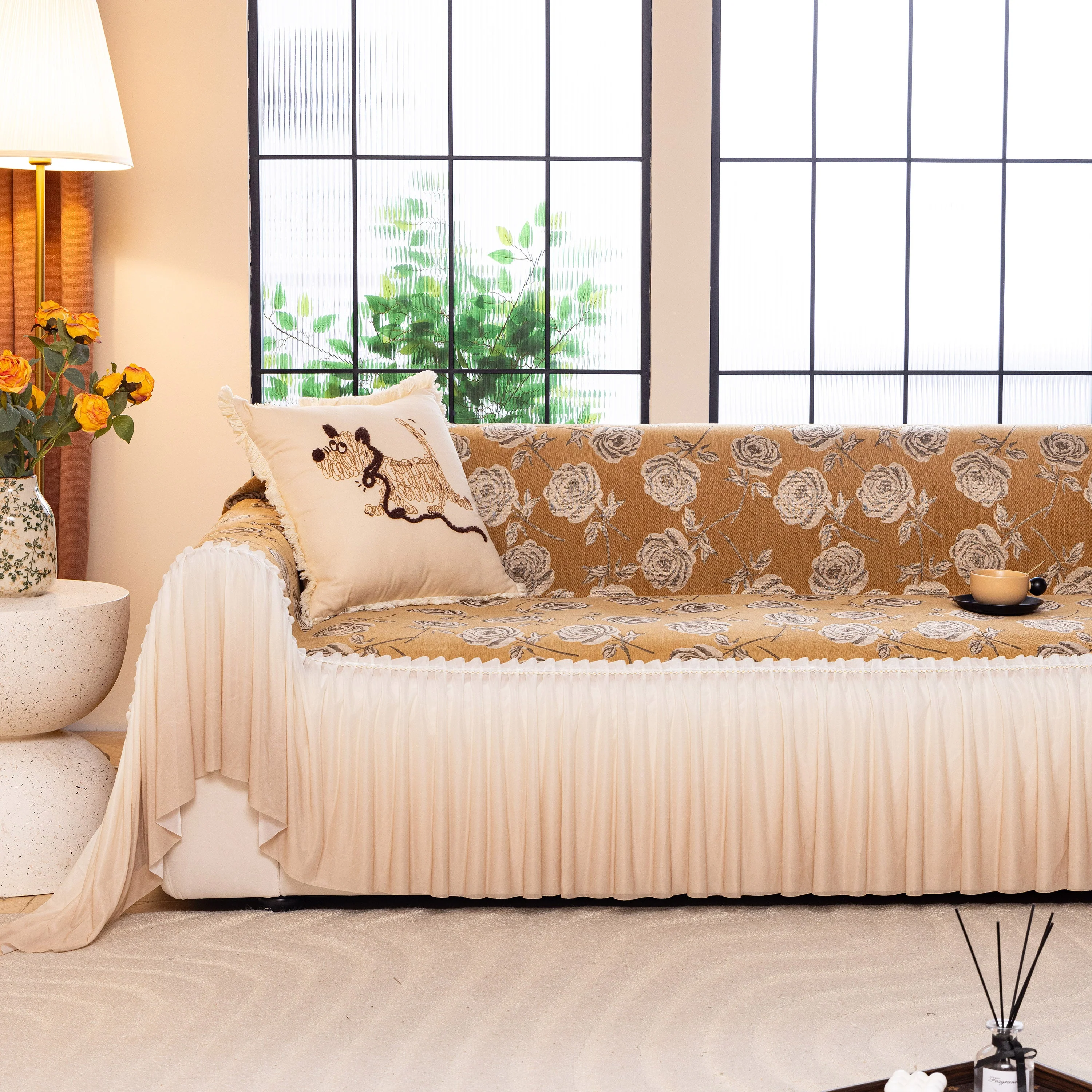 French Country Floral Sofa Cover with Ruffled Skirt, Farmhouse Decor for Living Room - Image 15