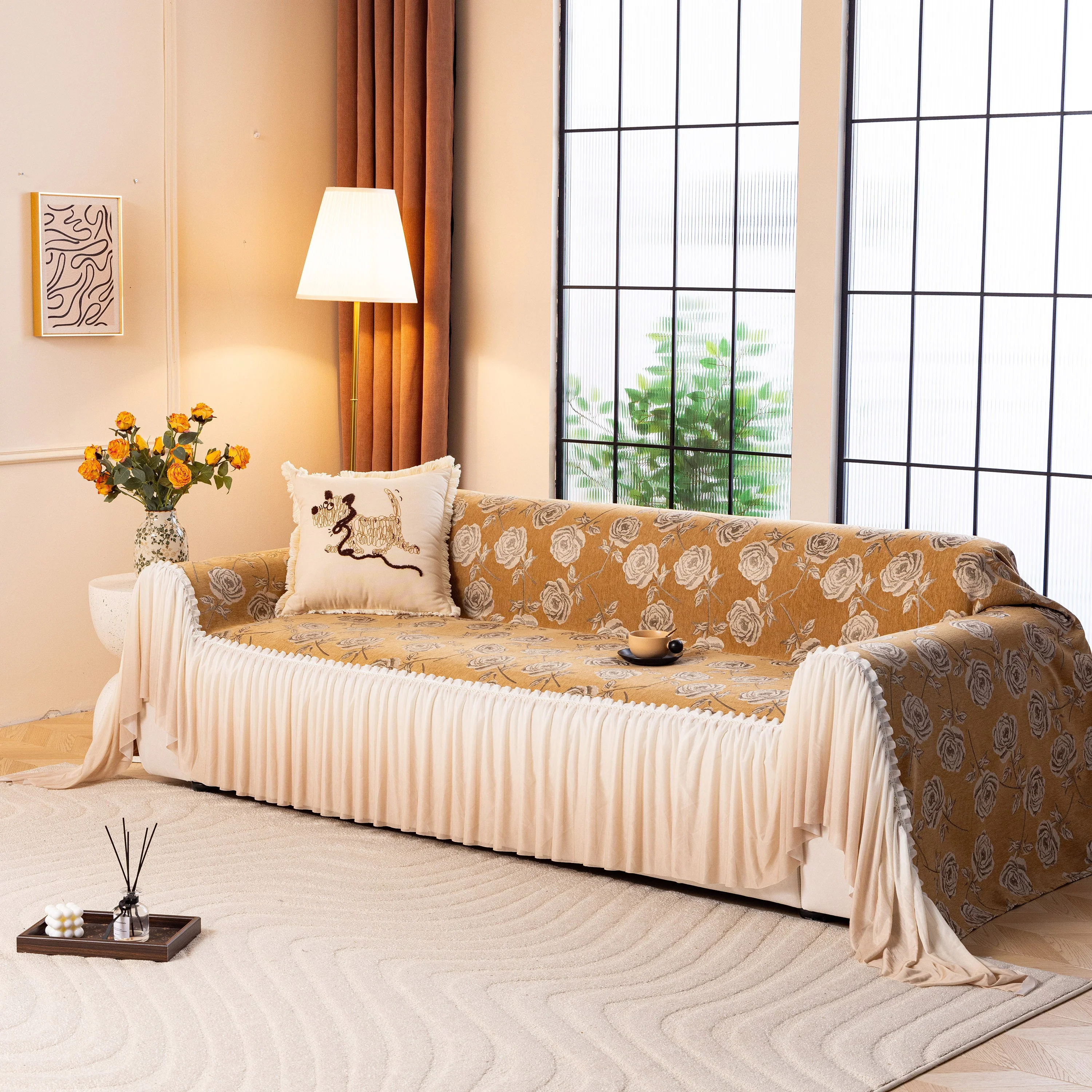 French Country Floral Sofa Cover with Ruffled Skirt, Farmhouse Decor for Living Room - Image 16
