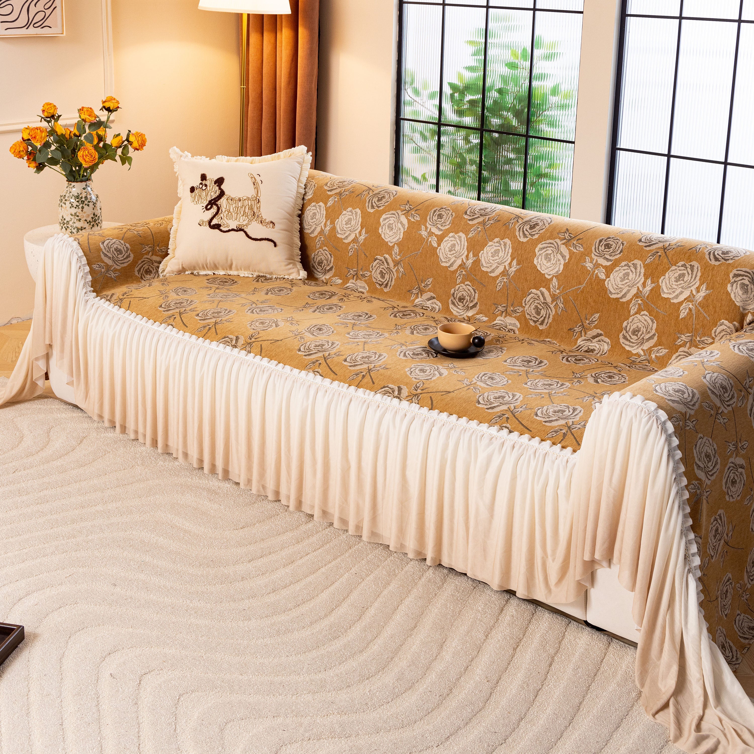 French Country Floral Sofa Cover with Ruffled Skirt, Farmhouse Decor for Living Room - Image 17