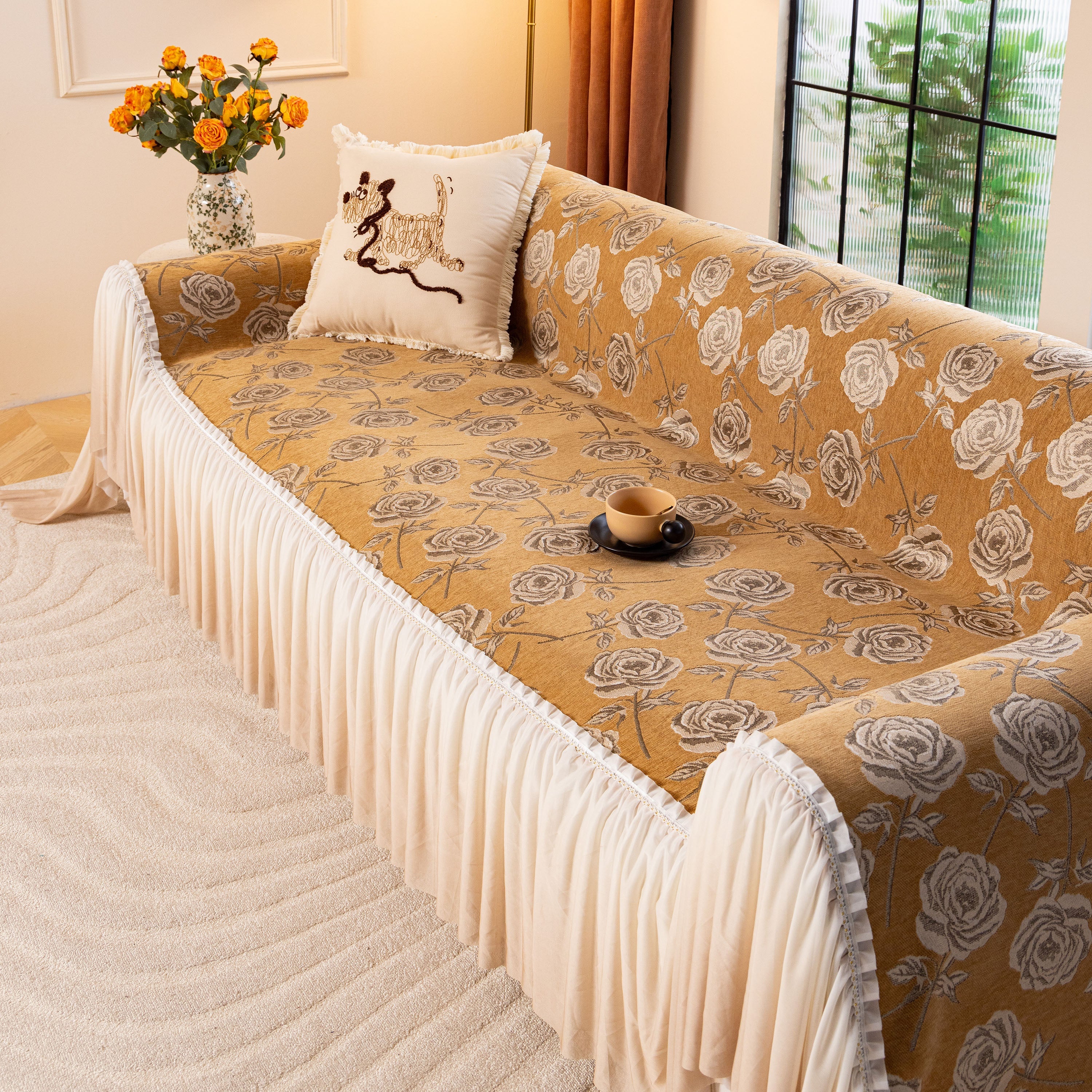 French Country Floral Sofa Cover with Ruffled Skirt, Farmhouse Decor for Living Room - Image 18
