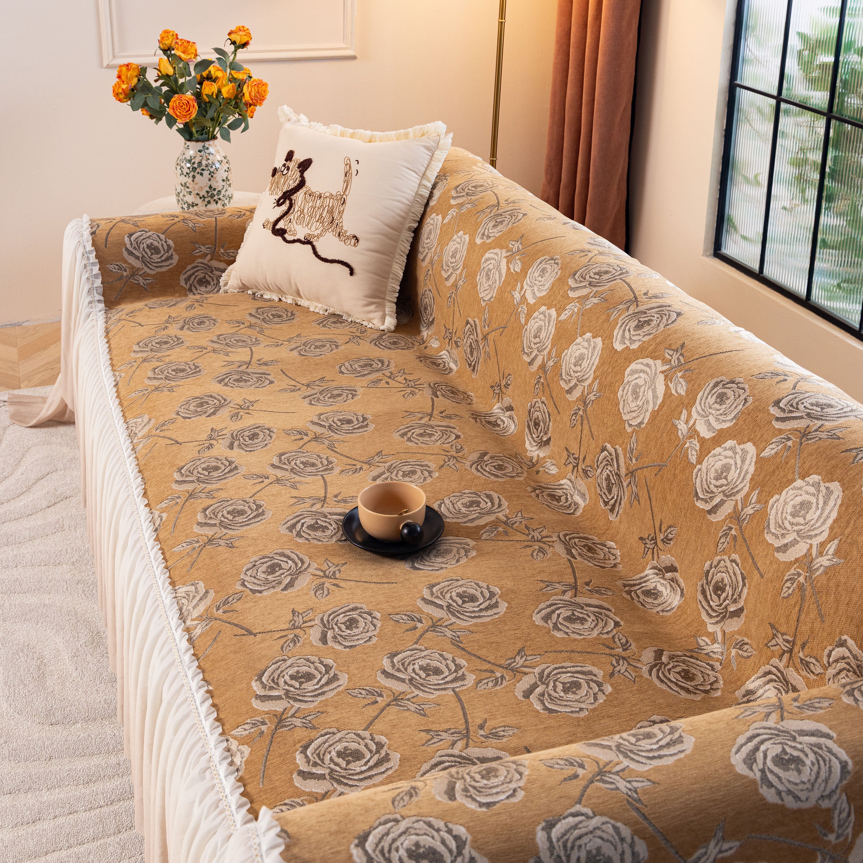 French Country Floral Sofa Cover with Ruffled Skirt, Farmhouse Decor for Living Room - Image 19