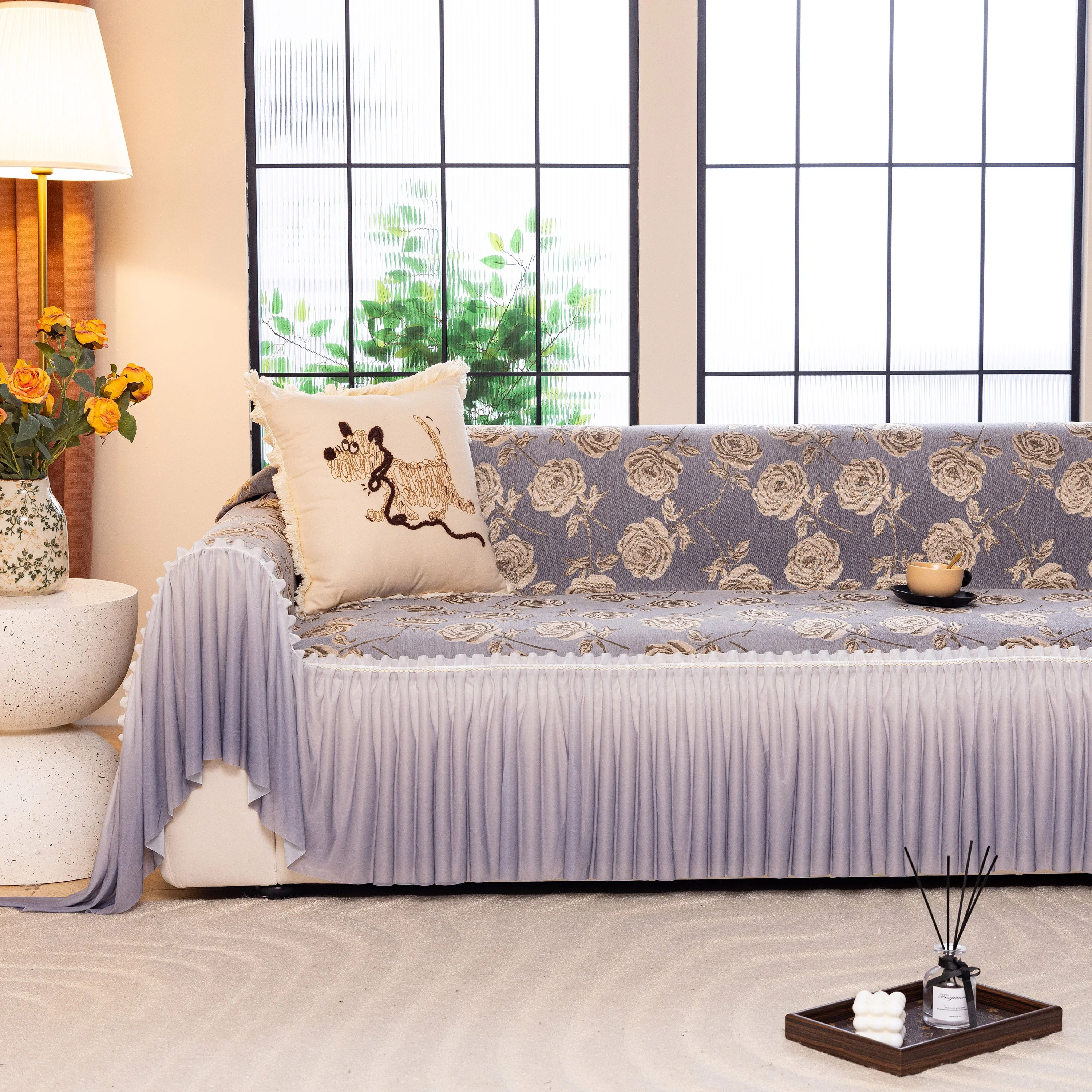 French Country Floral Sofa Cover with Ruffled Skirt, Farmhouse Decor for Living Room - Image 2
