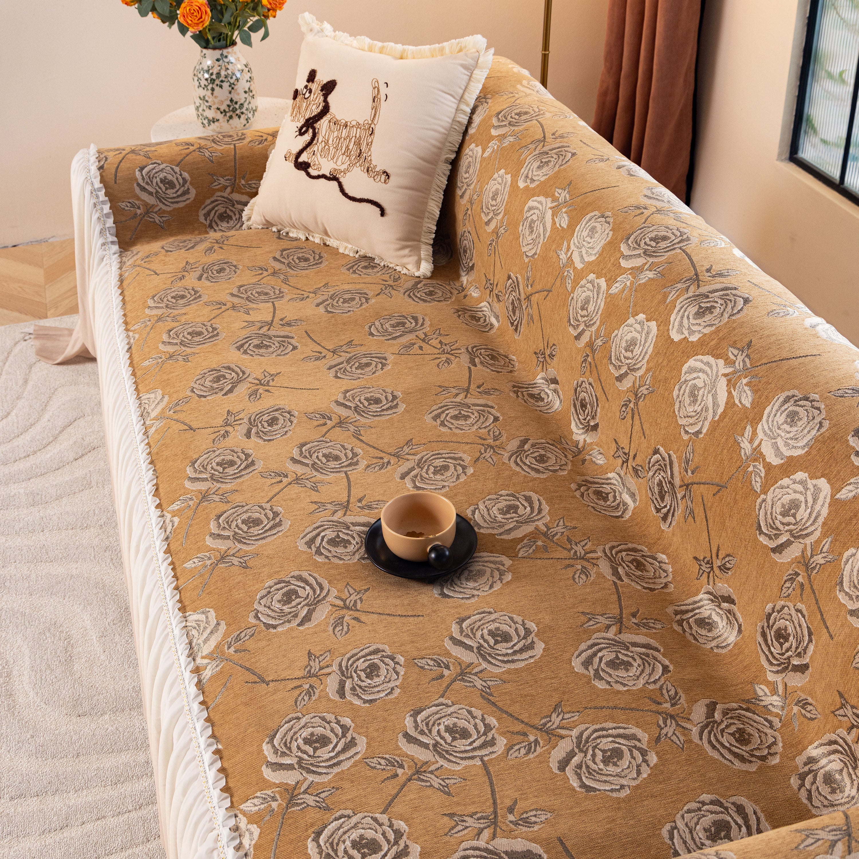French Country Floral Sofa Cover with Ruffled Skirt, Farmhouse Decor for Living Room - Image 20