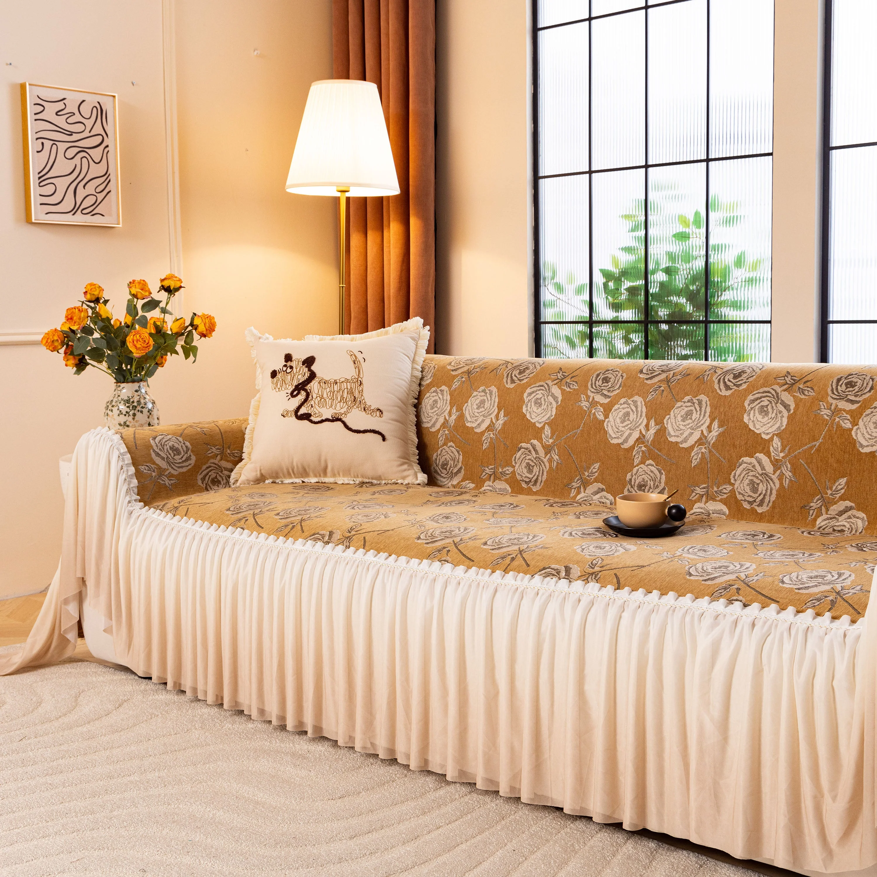 French Country Floral Sofa Cover with Ruffled Skirt, Farmhouse Decor for Living Room - Image 21