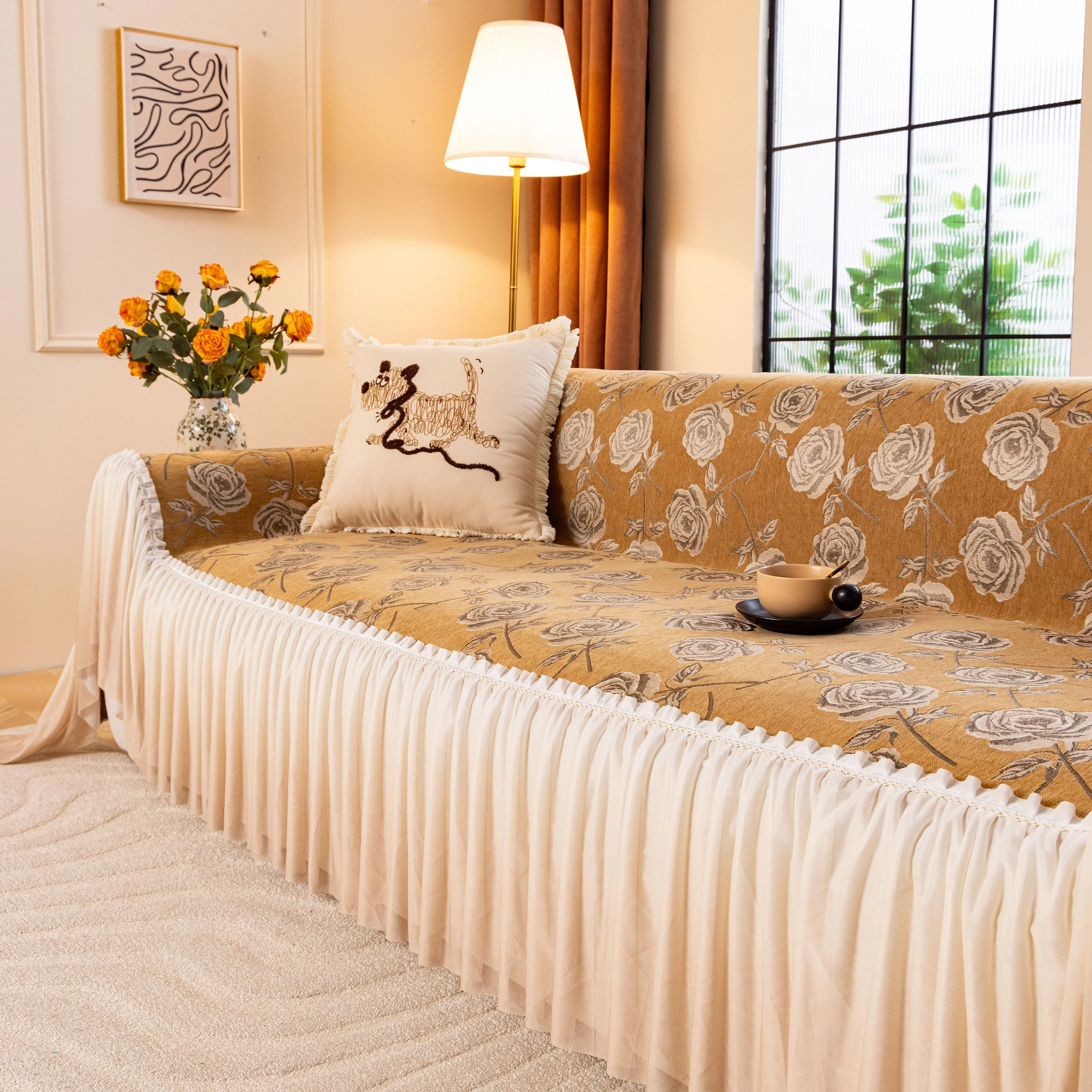 French Country Floral Sofa Cover with Ruffled Skirt, Farmhouse Decor for Living Room - Image 22