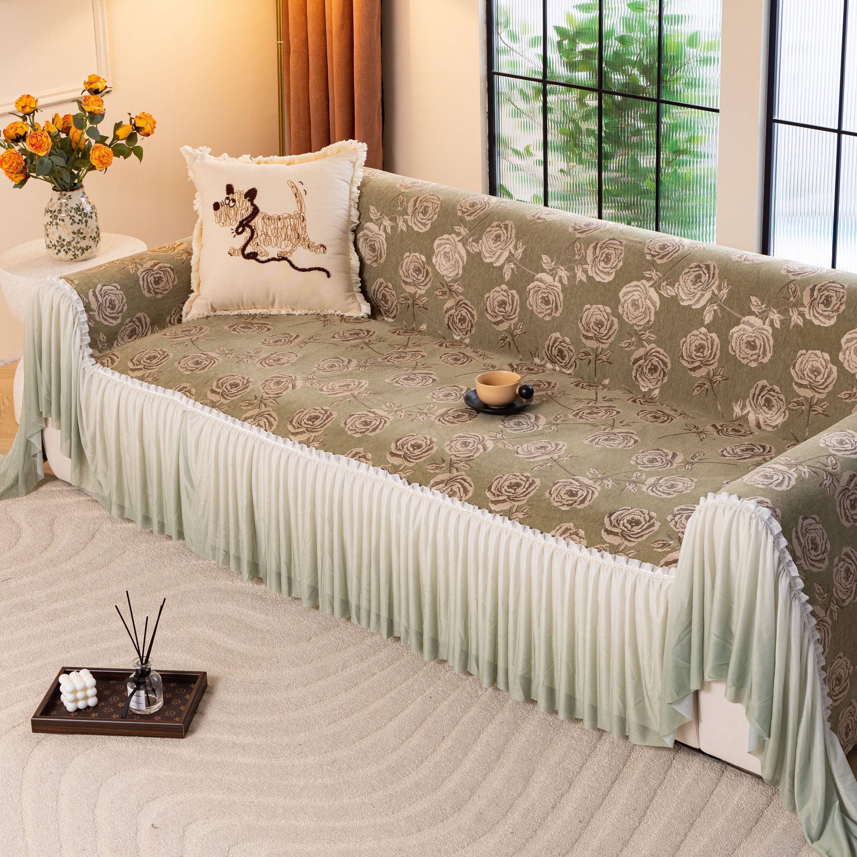 French Country Floral Sofa Cover with Ruffled Skirt, Farmhouse Decor for Living Room - Image 28