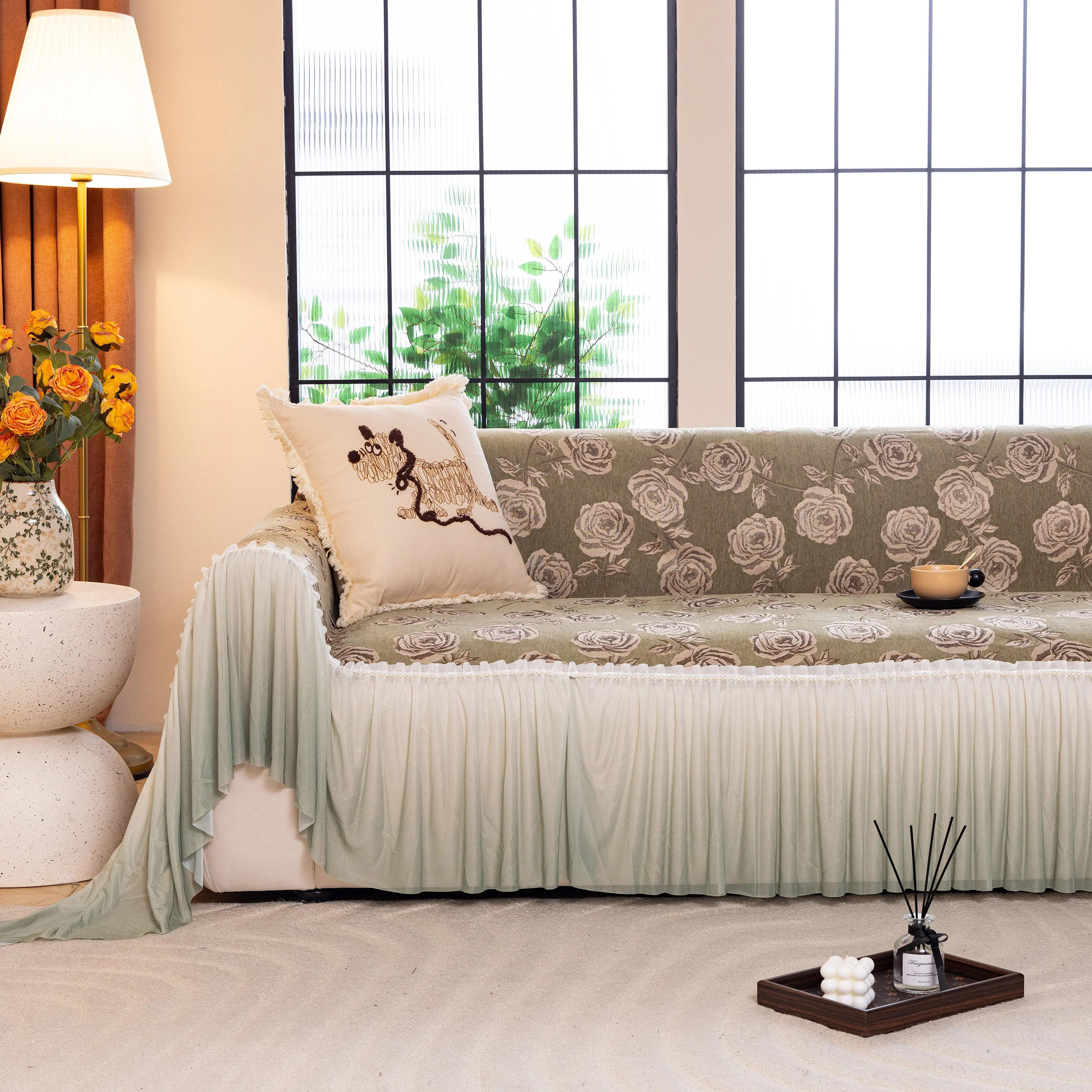 French Country Floral Sofa Cover with Ruffled Skirt, Farmhouse Decor for Living Room - Image 29