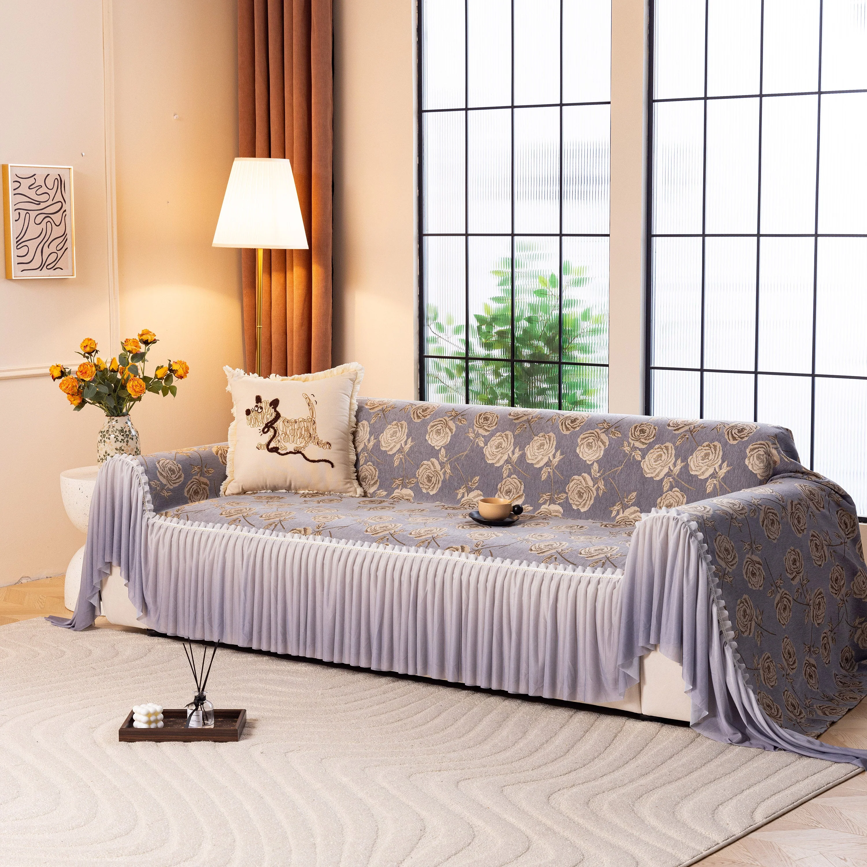 French Country Floral Sofa Cover with Ruffled Skirt, Farmhouse Decor for Living Room - Image 3