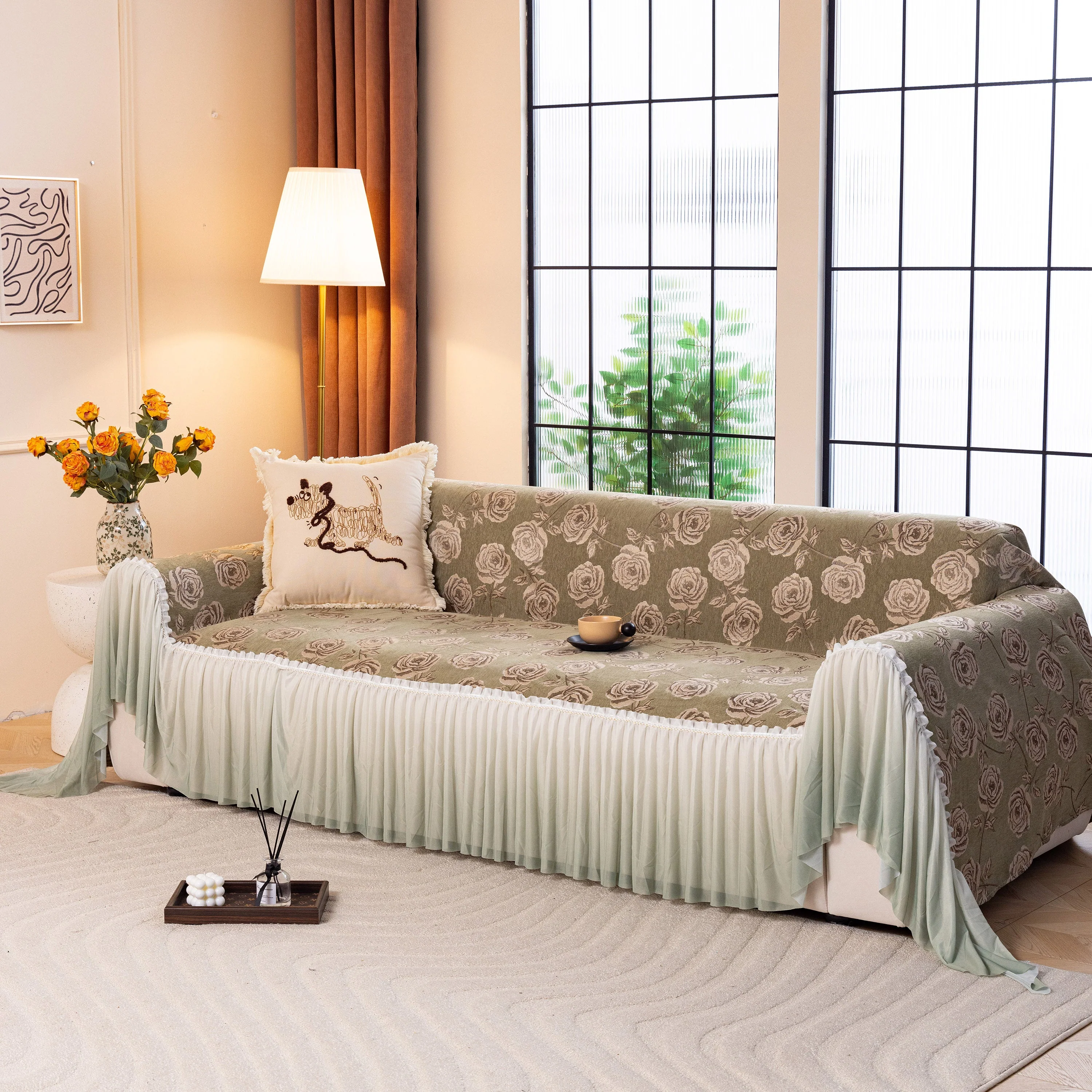 French Country Floral Sofa Cover with Ruffled Skirt, Farmhouse Decor for Living Room - Image 30