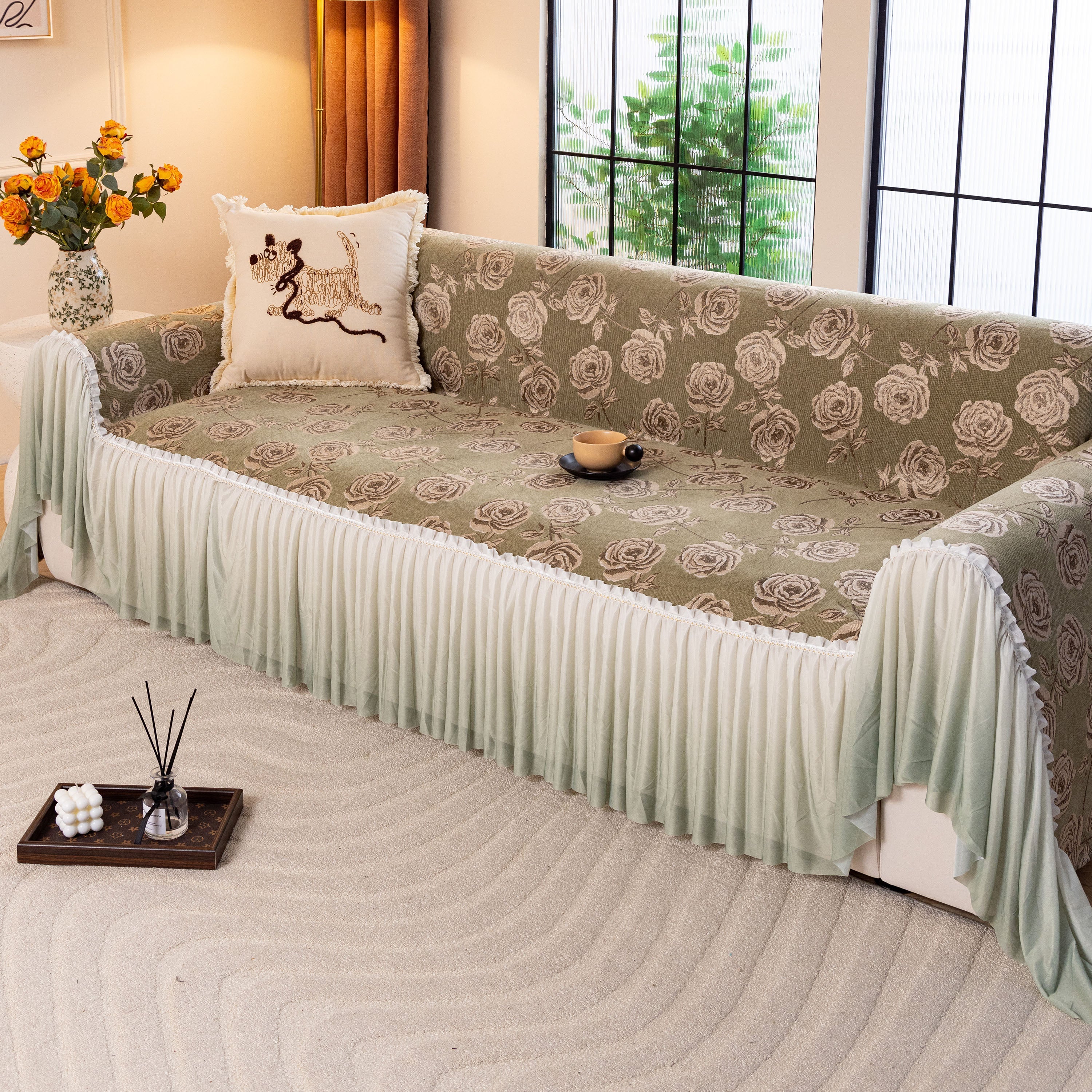 French Country Floral Sofa Cover with Ruffled Skirt, Farmhouse Decor for Living Room - Image 31