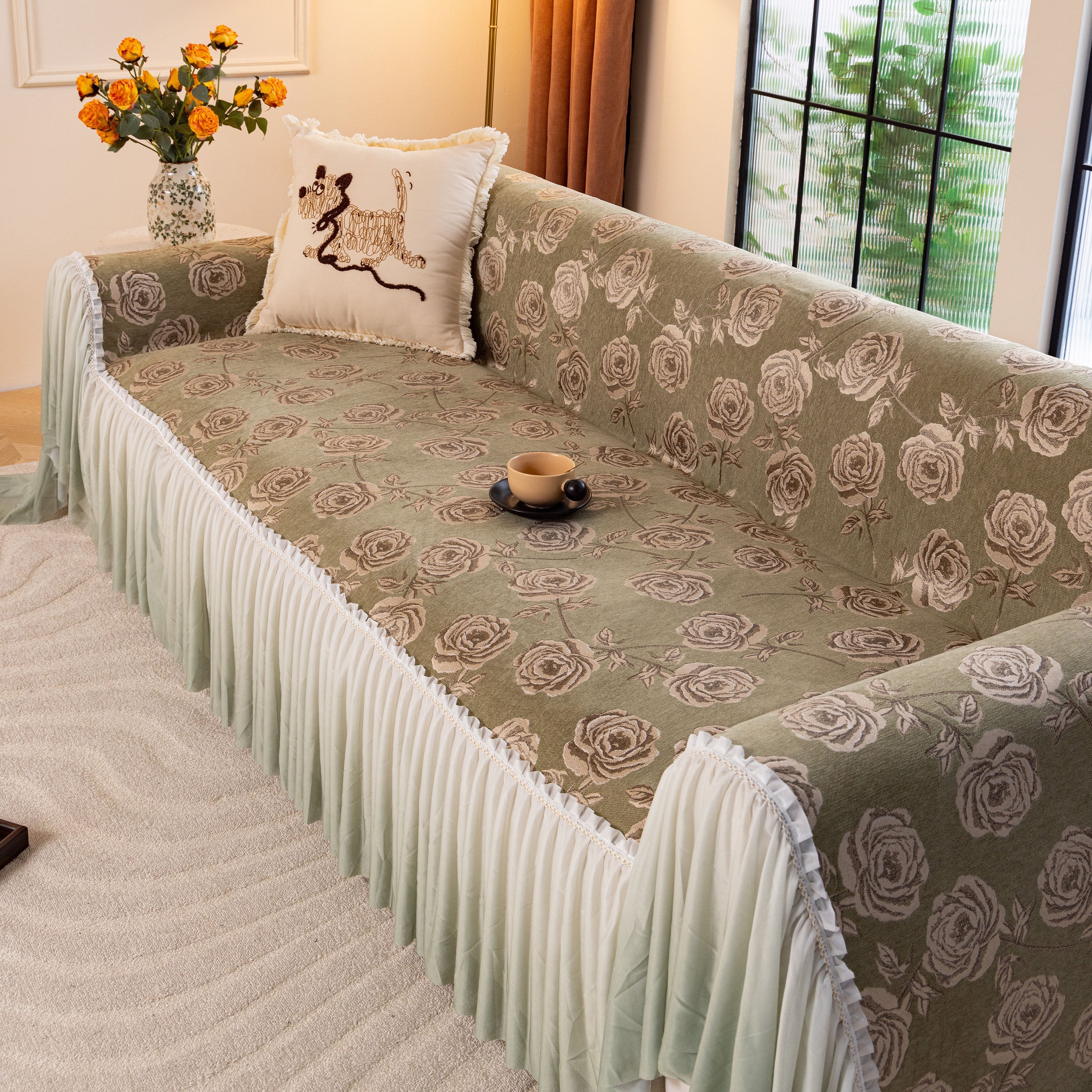 French Country Floral Sofa Cover with Ruffled Skirt, Farmhouse Decor for Living Room - Image 32