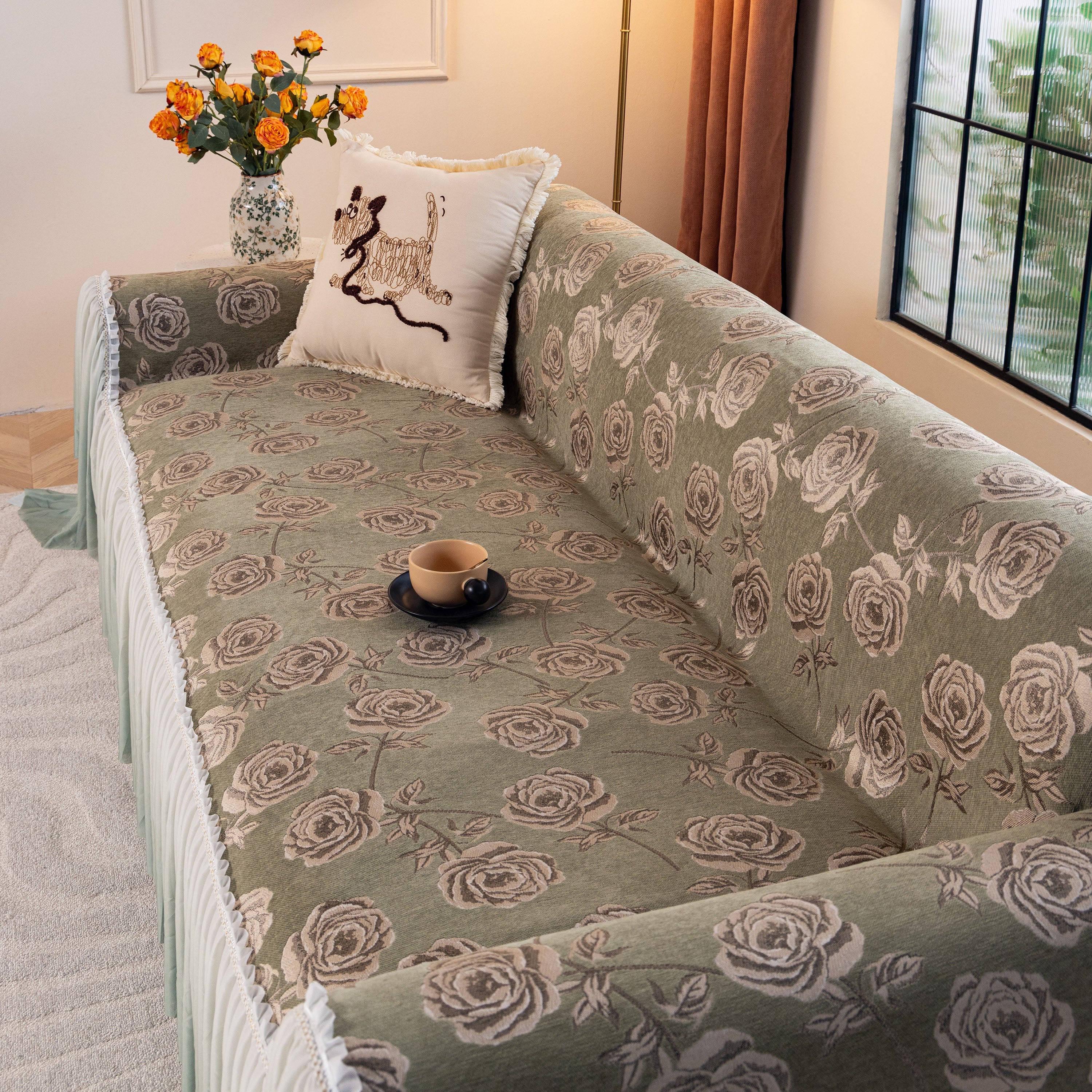 French Country Floral Sofa Cover with Ruffled Skirt, Farmhouse Decor for Living Room - Image 33