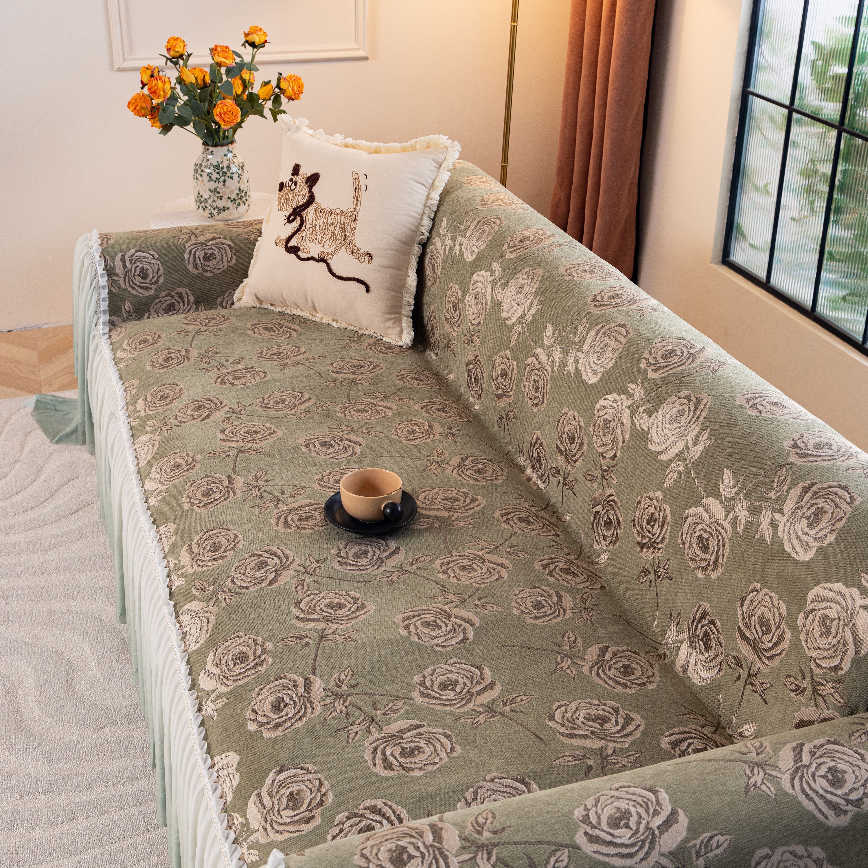 French Country Floral Sofa Cover with Ruffled Skirt, Farmhouse Decor for Living Room - Image 34