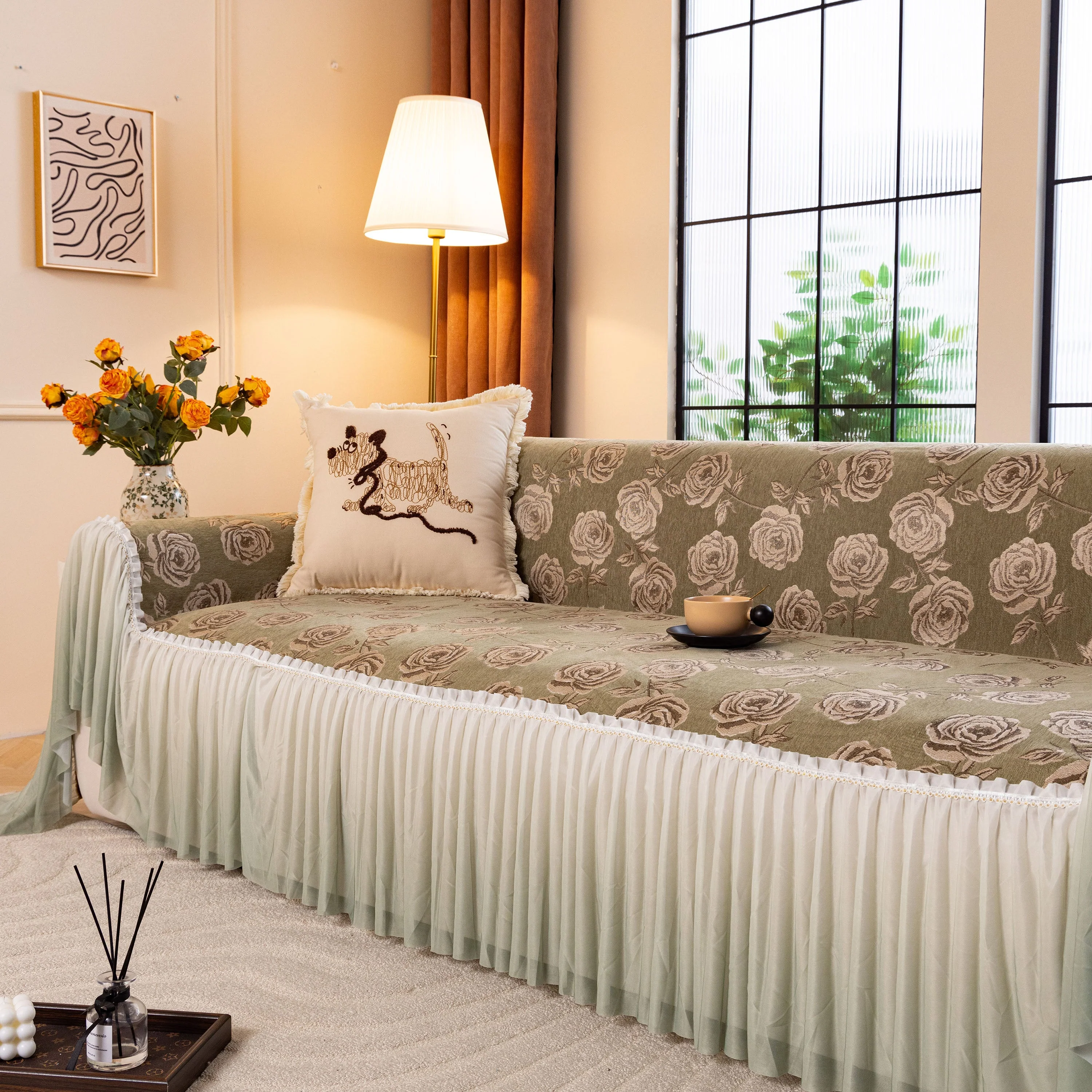 French Country Floral Sofa Cover with Ruffled Skirt, Farmhouse Decor for Living Room - Image 35