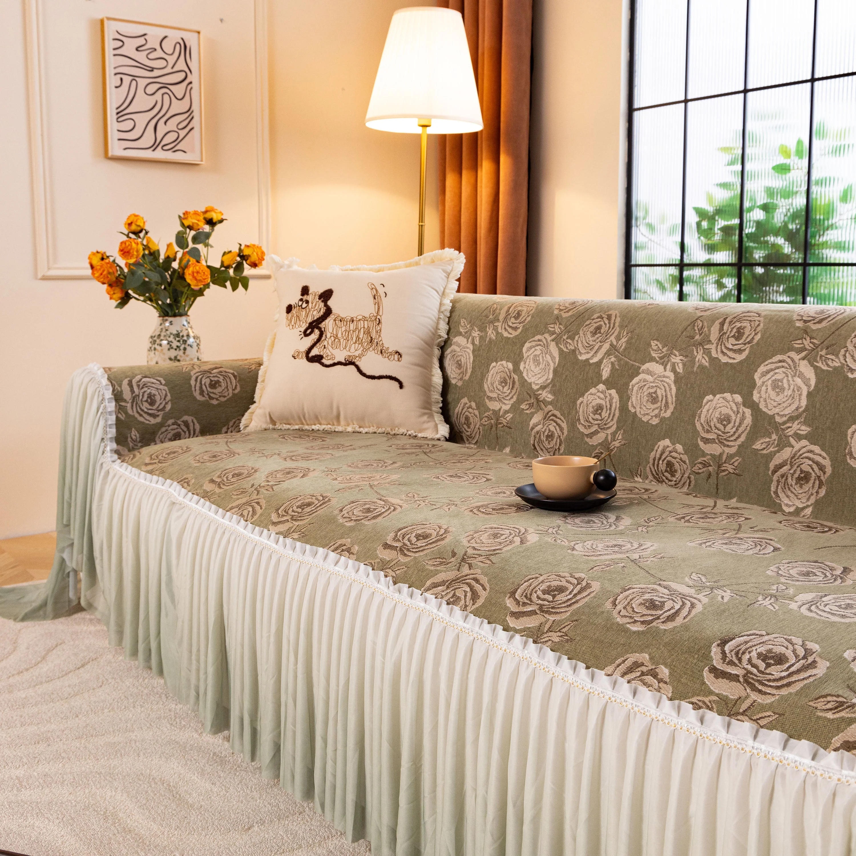 French Country Floral Sofa Cover with Ruffled Skirt, Farmhouse Decor for Living Room - Image 36