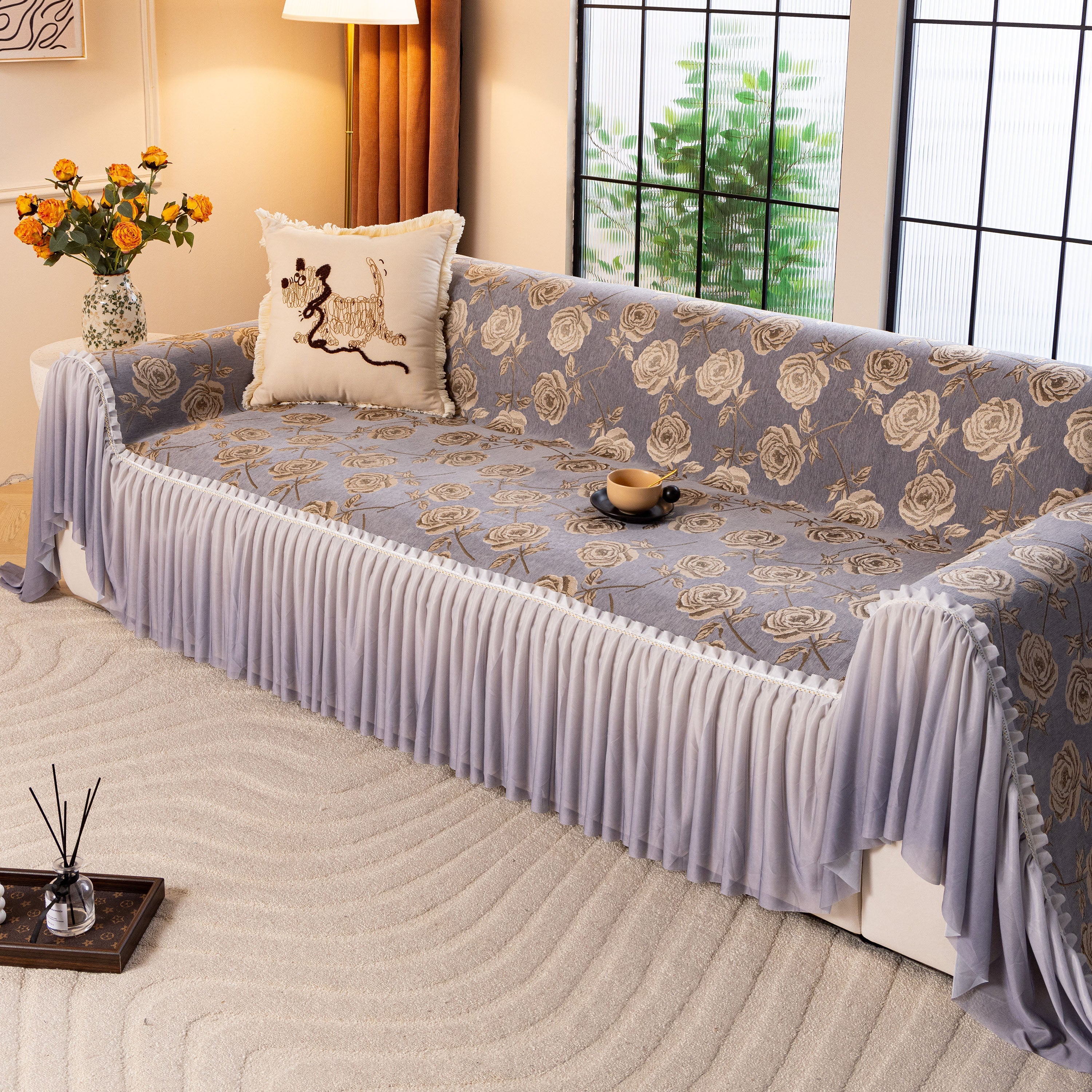 French Country Floral Sofa Cover with Ruffled Skirt, Farmhouse Decor for Living Room - Image 4
