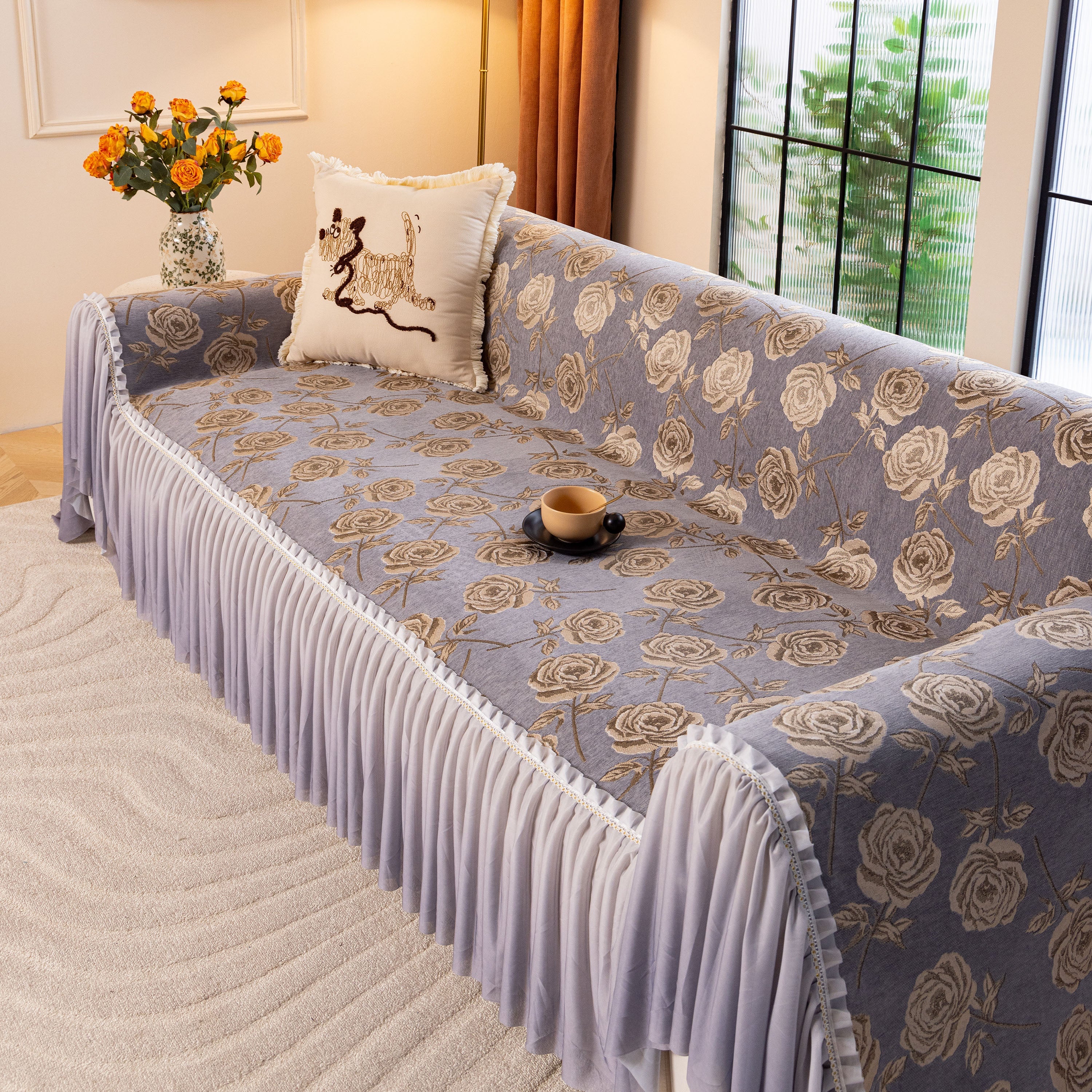 French Country Floral Sofa Cover with Ruffled Skirt, Farmhouse Decor for Living Room - Image 5