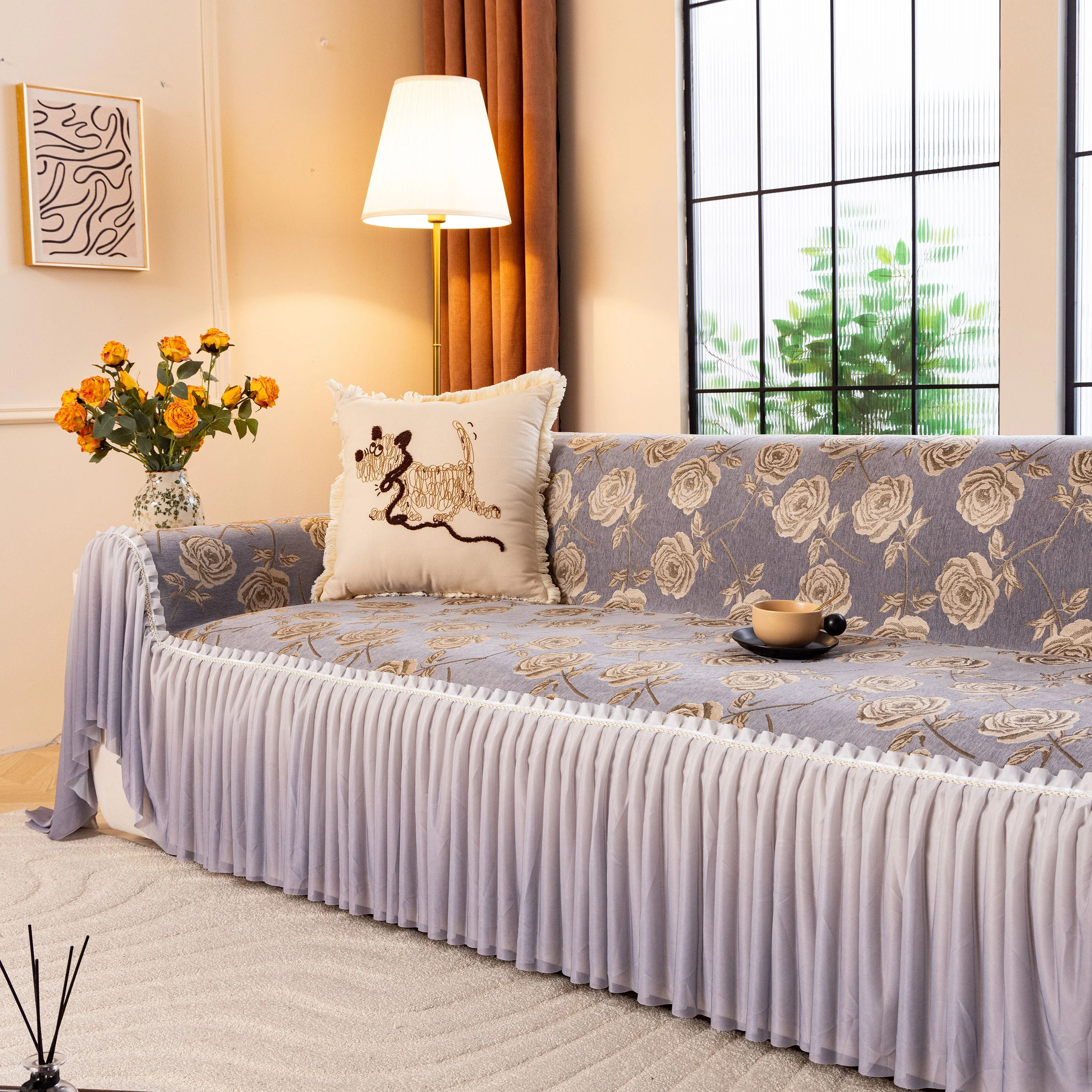 French Country Floral Sofa Cover with Ruffled Skirt, Farmhouse Decor for Living Room - Image 8