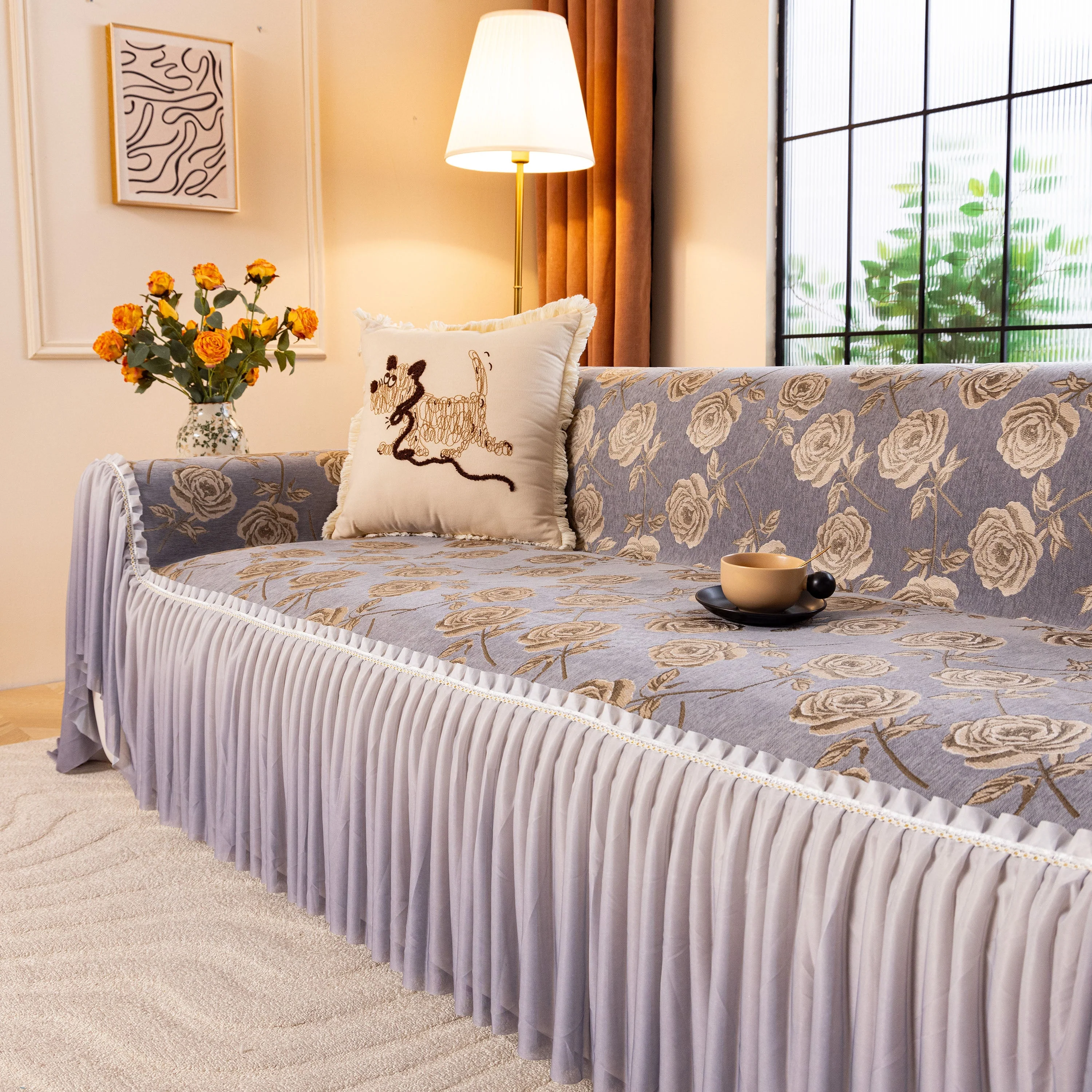 French Country Floral Sofa Cover with Ruffled Skirt, Farmhouse Decor for Living Room - Image 9