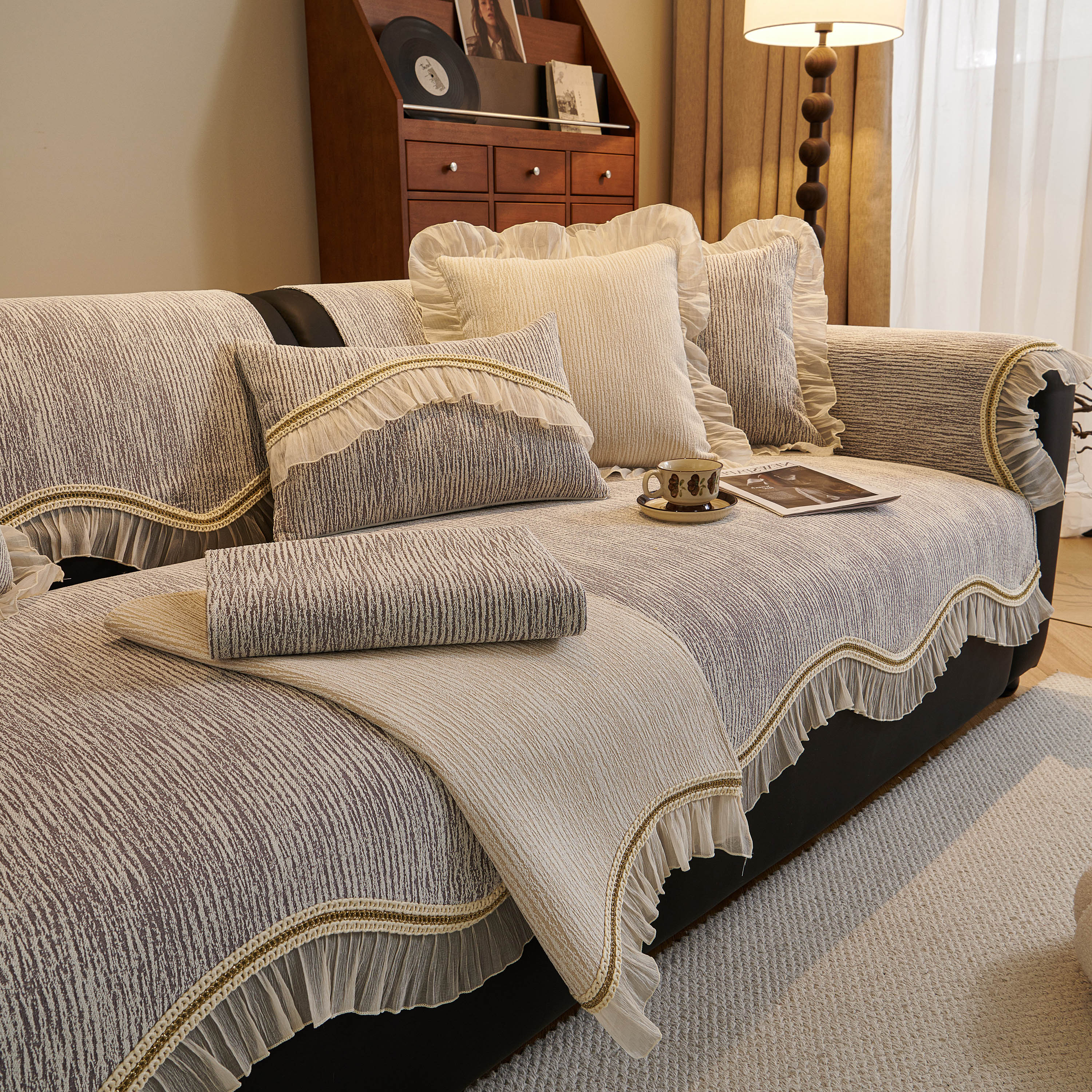 French Vintage Style Couch Cover with Skirt,  Non-Slip Sectional Furniture Covers - Image 54