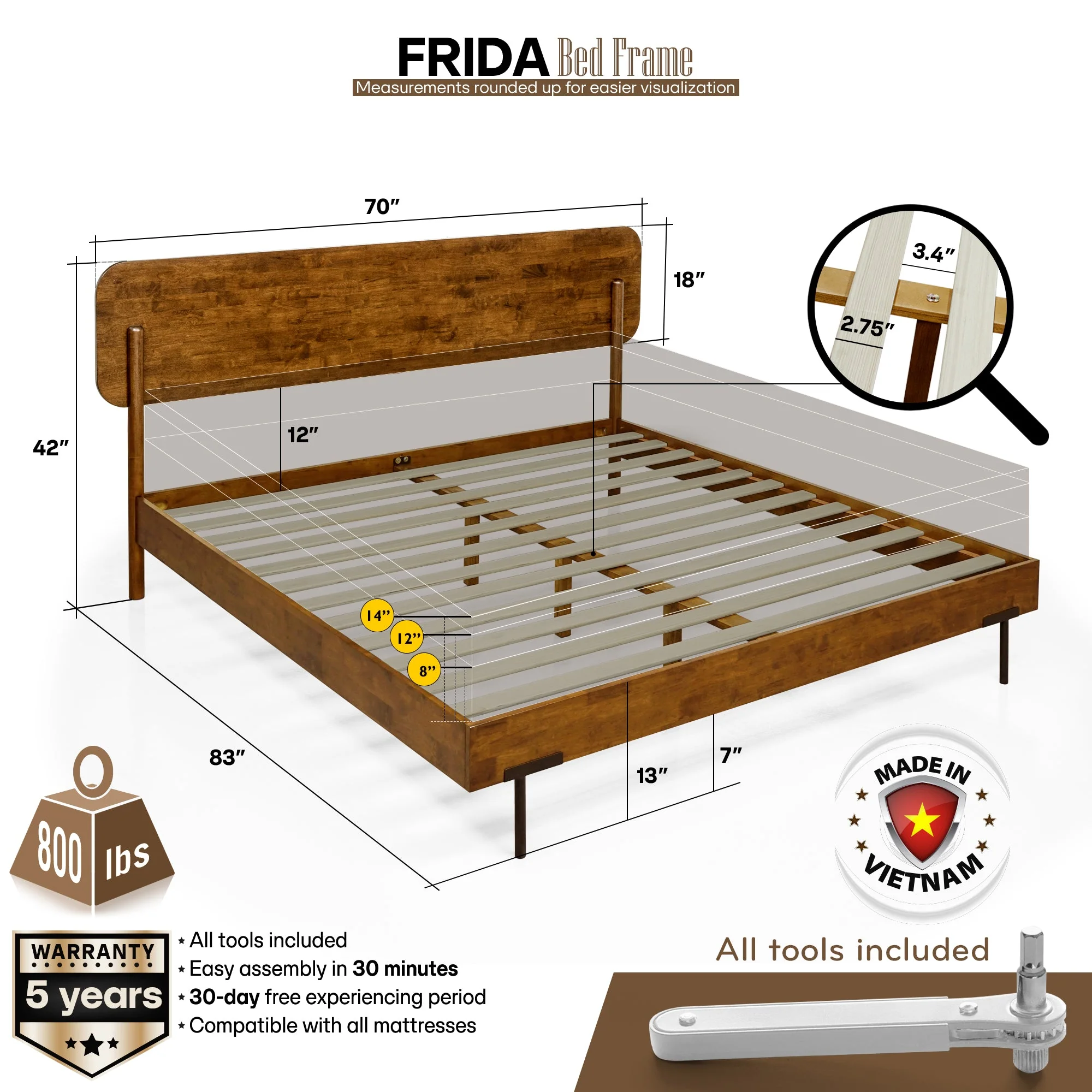 Frida Deluxe Solid Wood Bed Frame - Premium Quality Craftsmanship and Timeless Elegance - Image 4