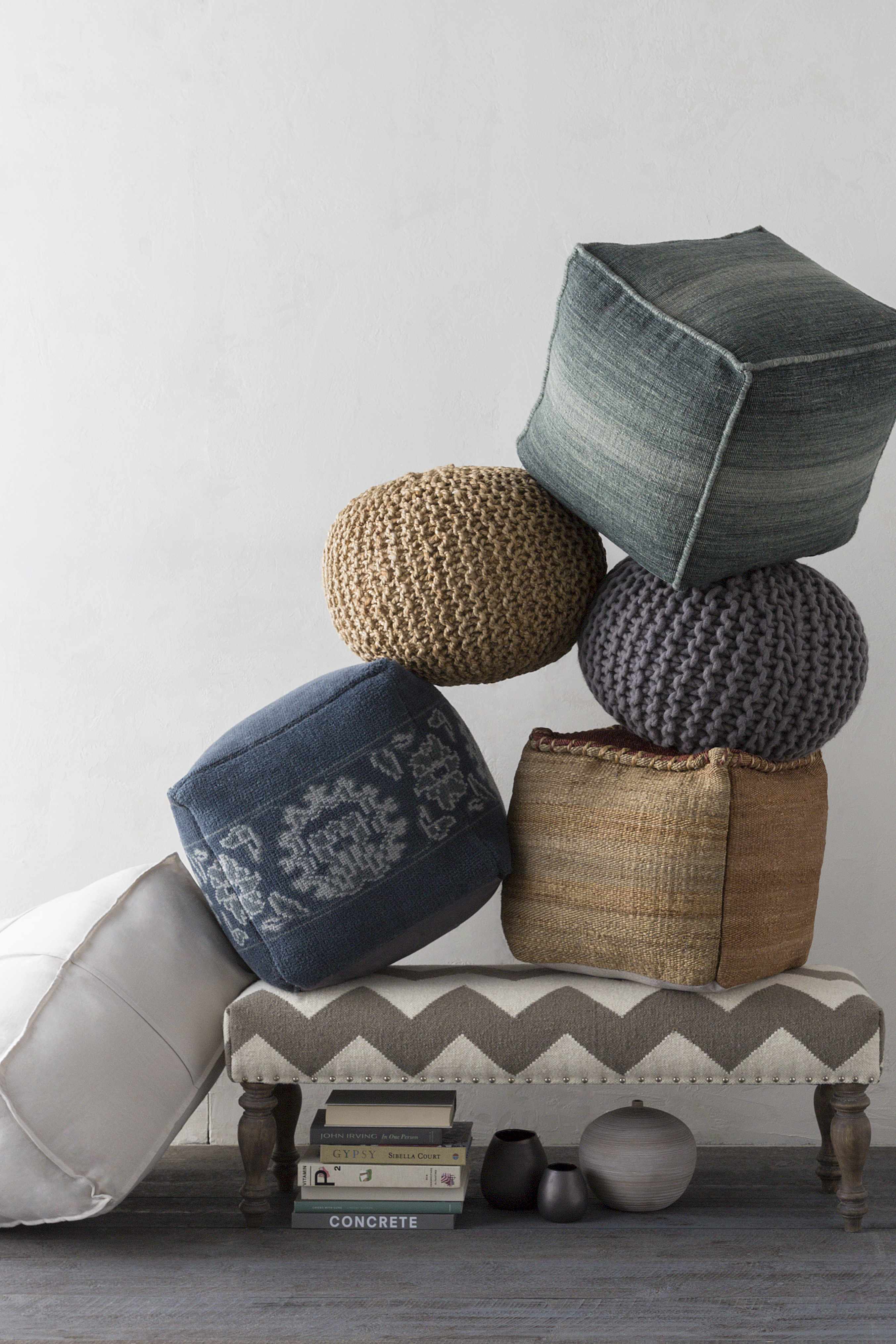 Friendsville Solid & Striped Ivory Pouf - Image 3