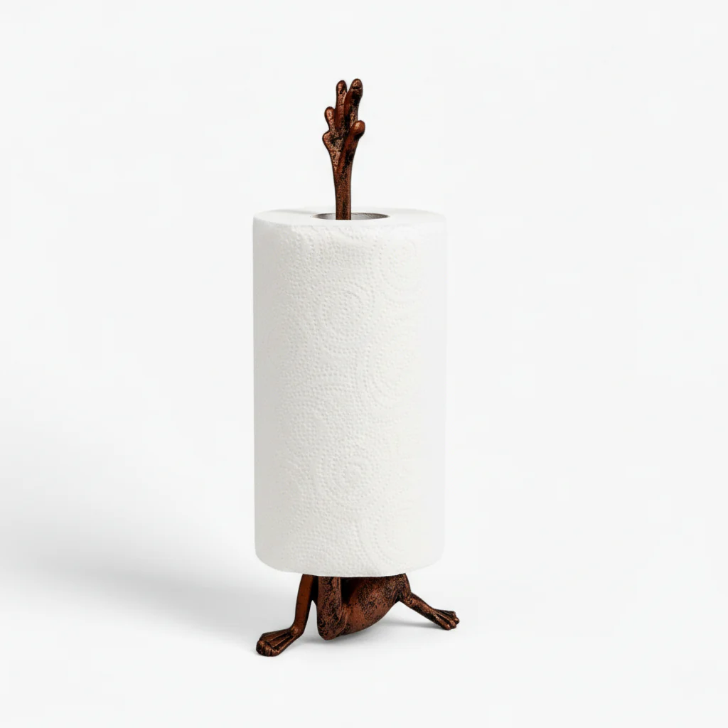 Frog Paper Towel Holder Weathered Copper Cast Iron Decor - Image 2