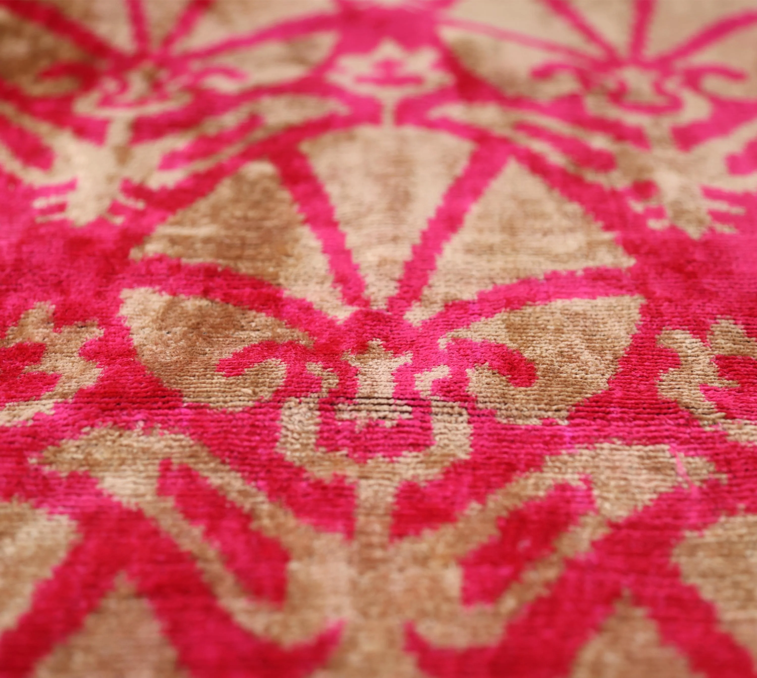 Fuchsia Beige Silk Velvet Lumbar Pillow – 16x24 Handmade Ikat Luxury Cushion - Image 3