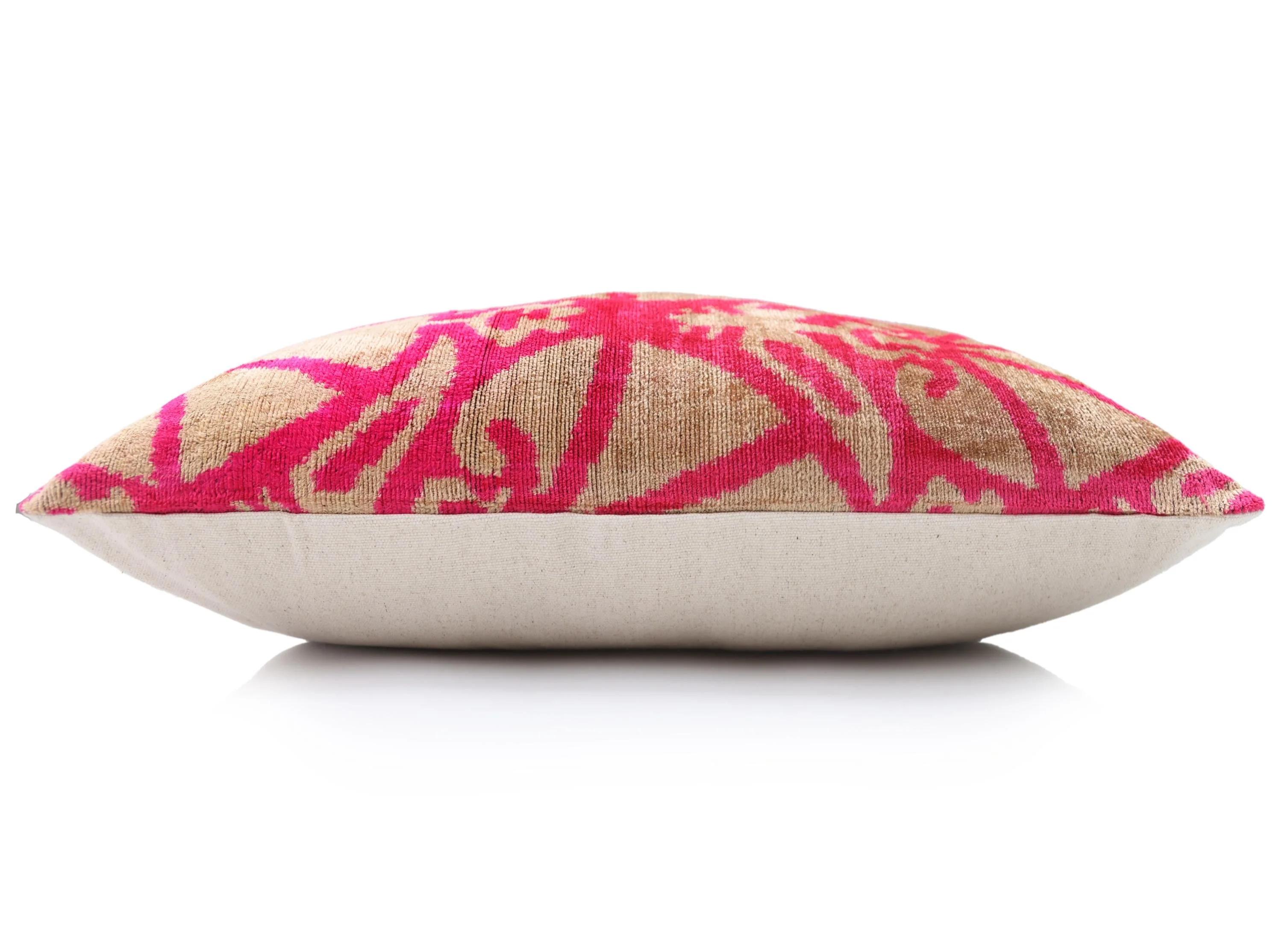 Fuchsia Beige Silk Velvet Lumbar Pillow – 16x24 Handmade Ikat Luxury Cushion - Image 4