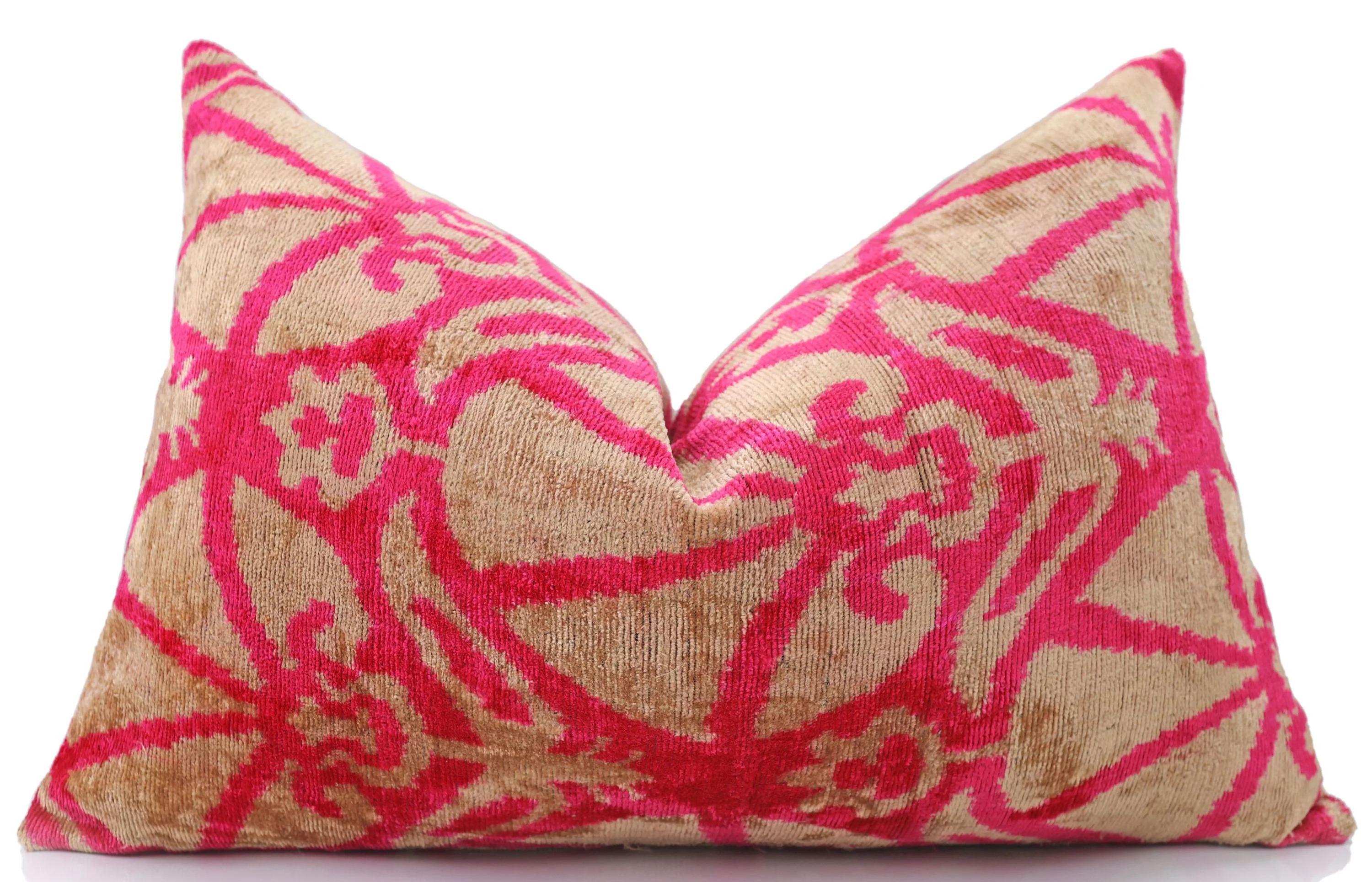 Fuchsia Beige Silk Velvet Lumbar Pillow – 16x24 Handmade Ikat Luxury Cushion - Image 5